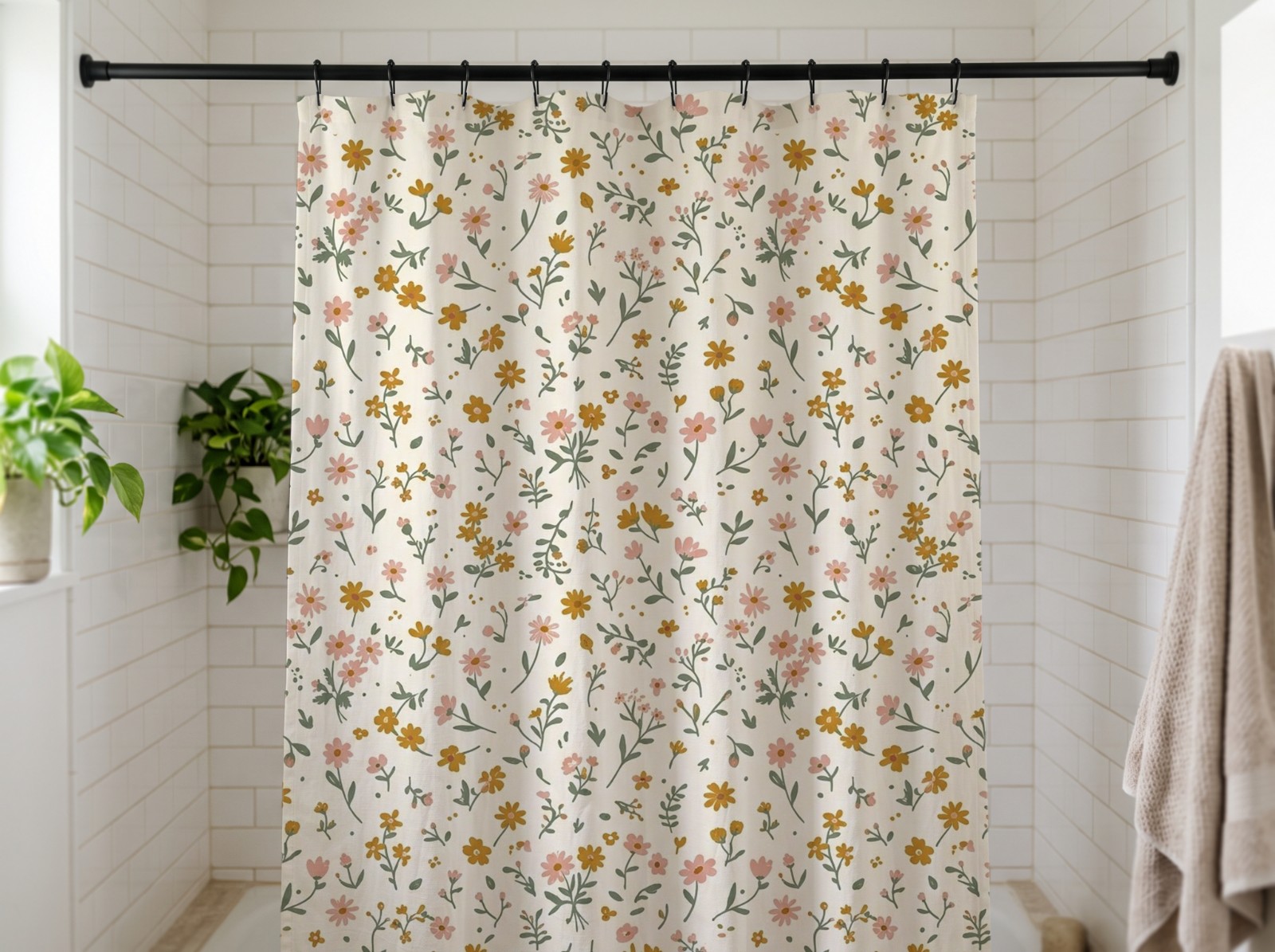 White Shower Curtain in a Subway Tile Bathroom showing a ditsy wildflower pattern