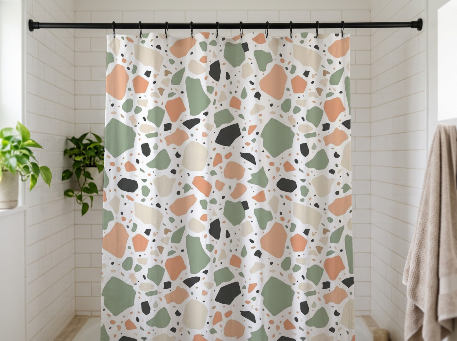 White Shower Curtain in a Subway Tile Bathroom showing a pastel terrazzo pattern