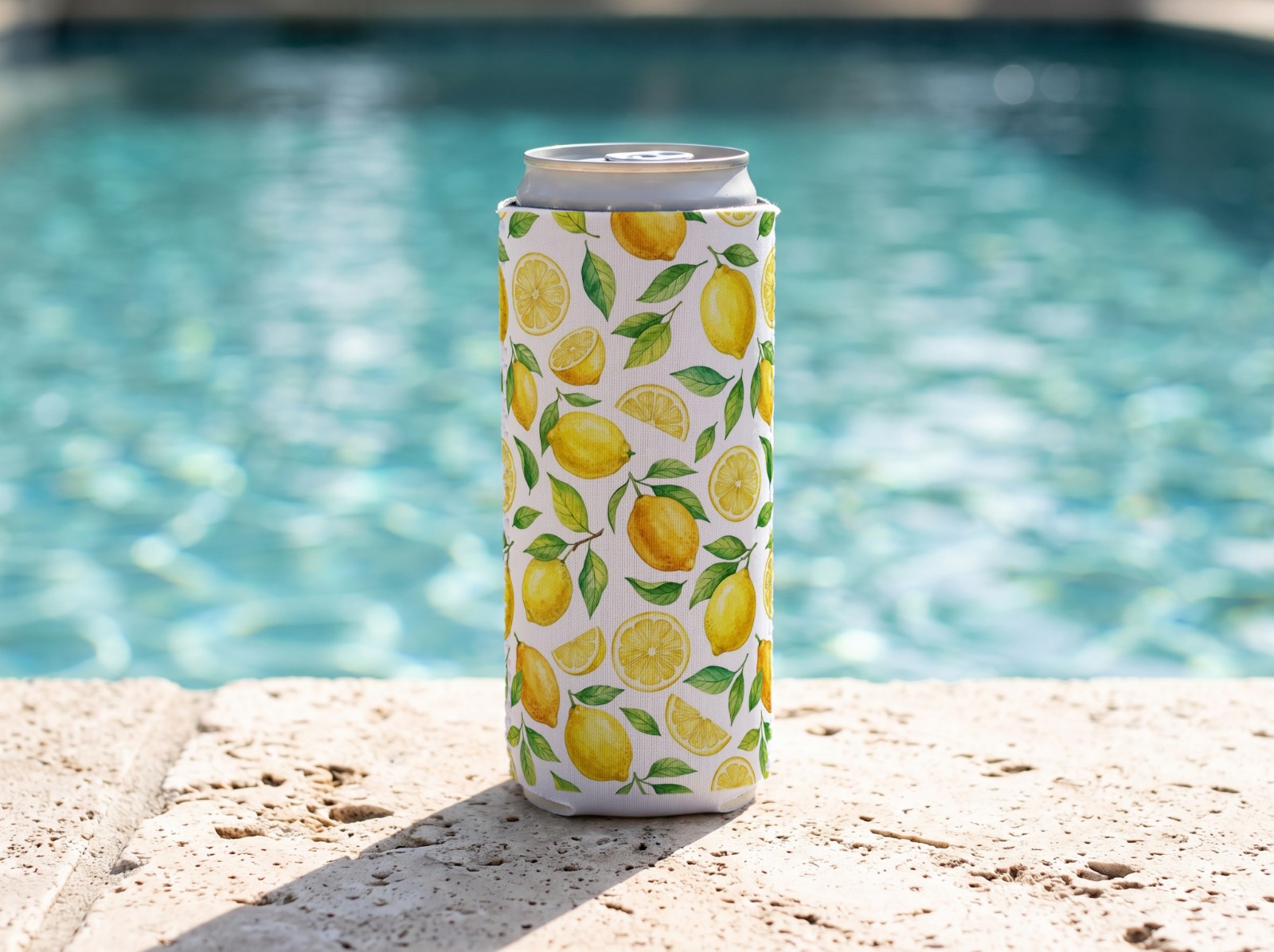 White Slim Can Cooler Mockup by a Swimming Pool example