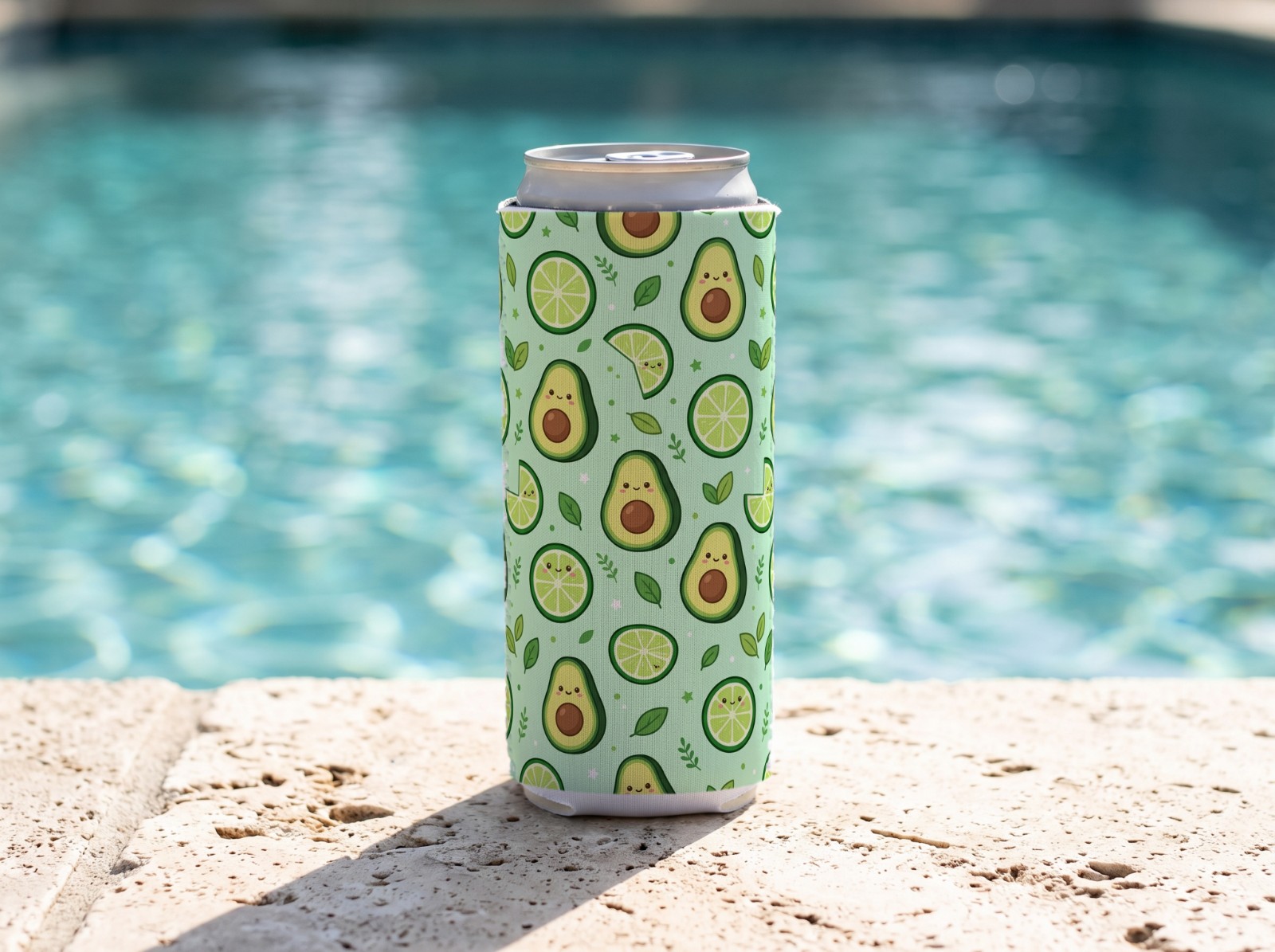 White Slim Can Cooler by a Swimming Pool showing a cute avocado pattern