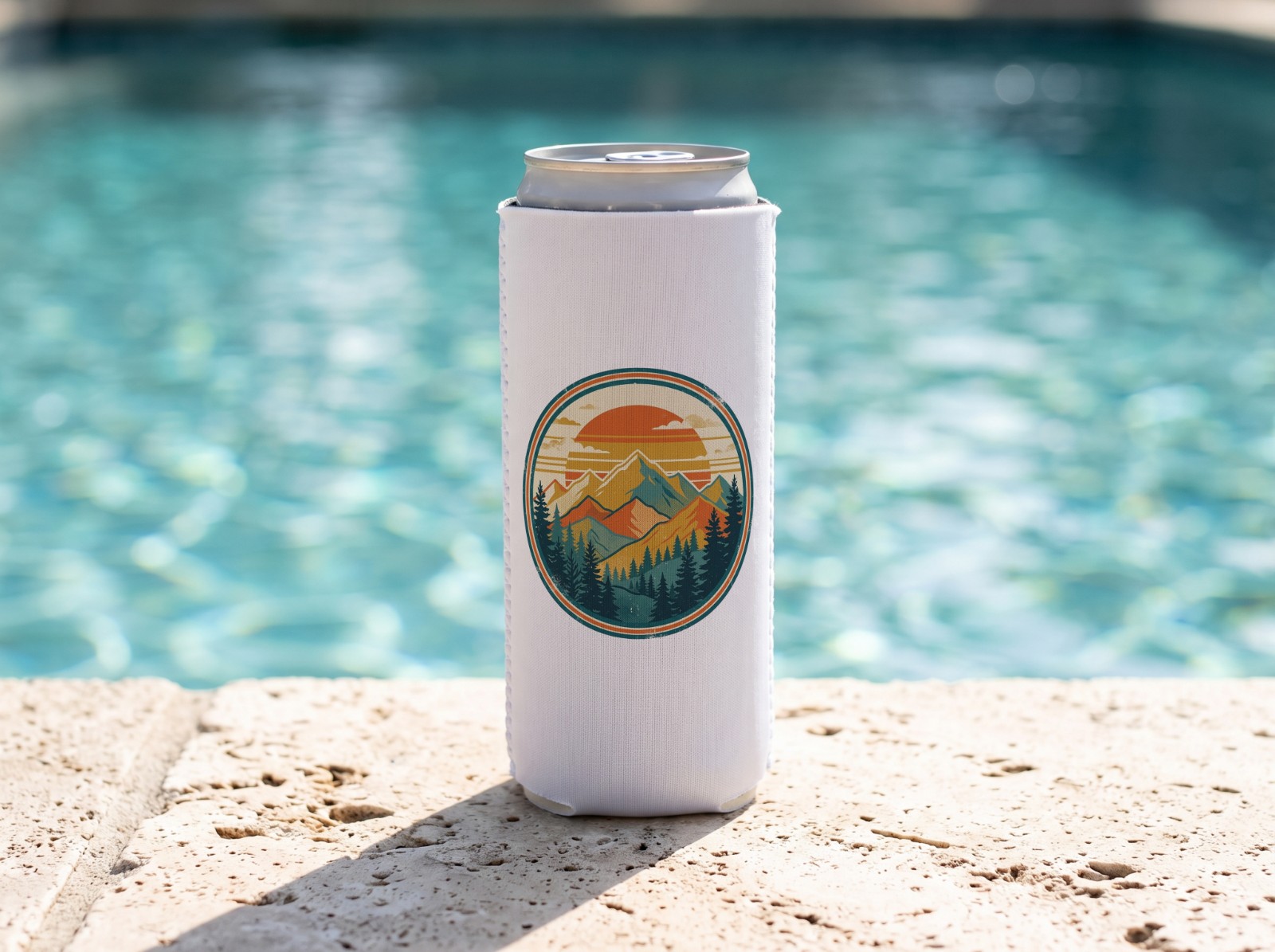 White Slim Can Cooler by a Swimming Pool showing a retro mountain sunset badge