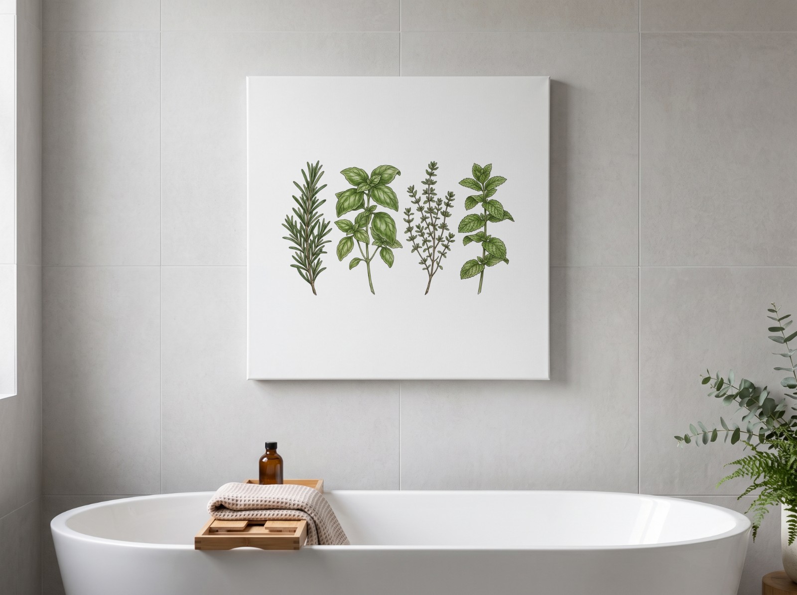 White Square Canvas above a Freestanding Bathtub showing a kitchen herbs illustration