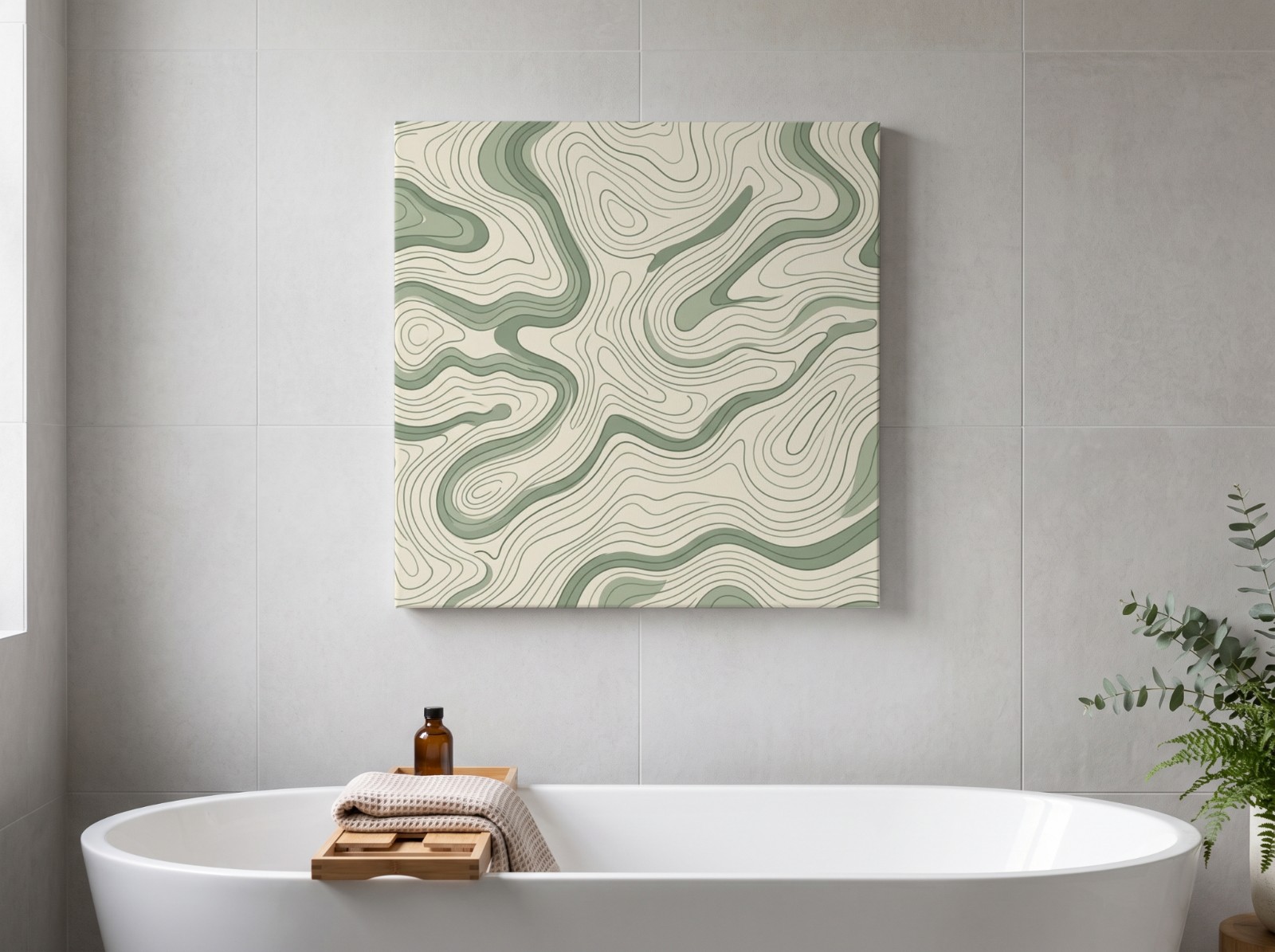 White Square Canvas above a Freestanding Bathtub showing a sage topographic map pattern