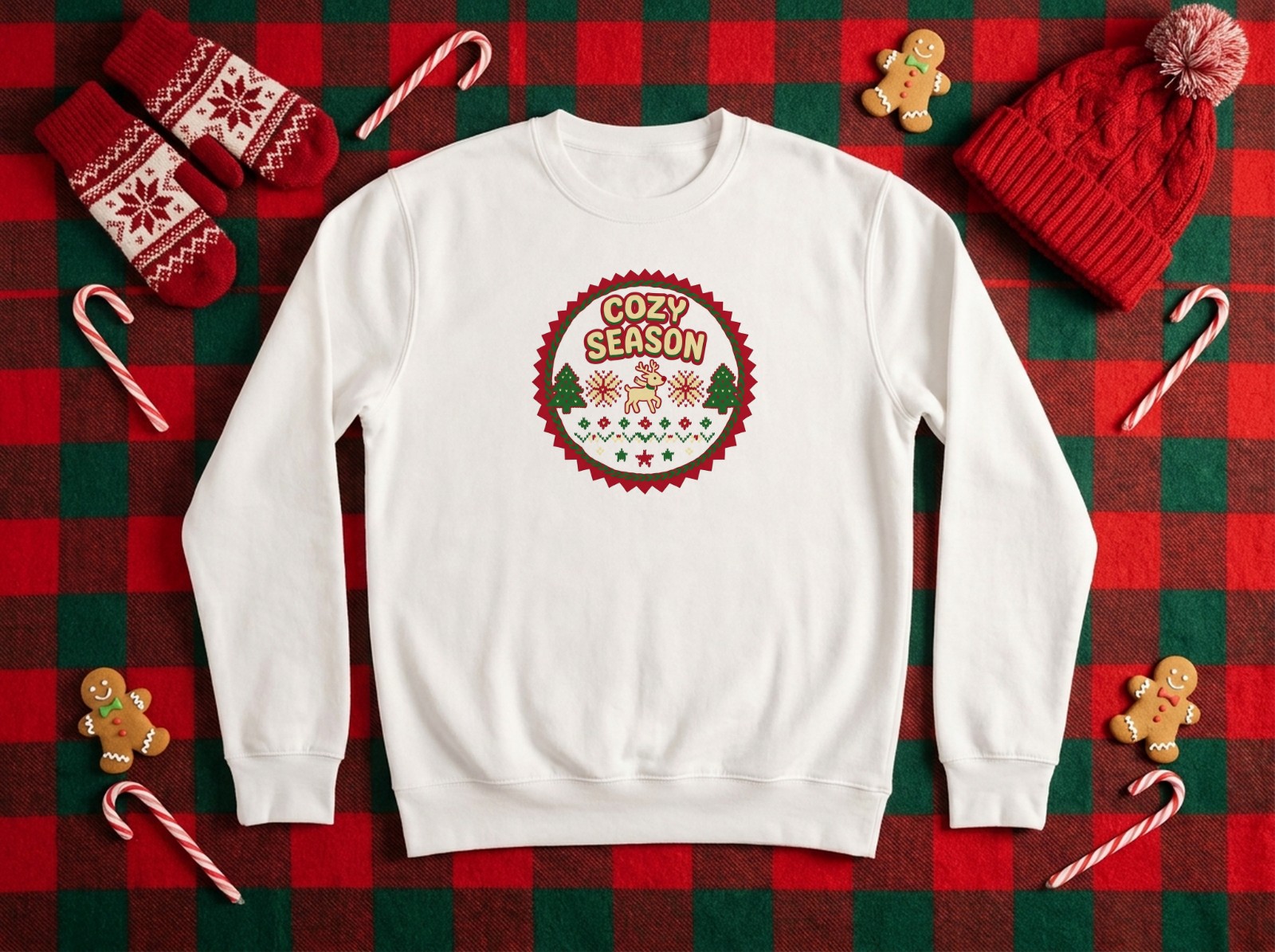 White Sweatshirt Christmas Mockup Flat Lay on Buffalo Plaid with Knit Mittens example