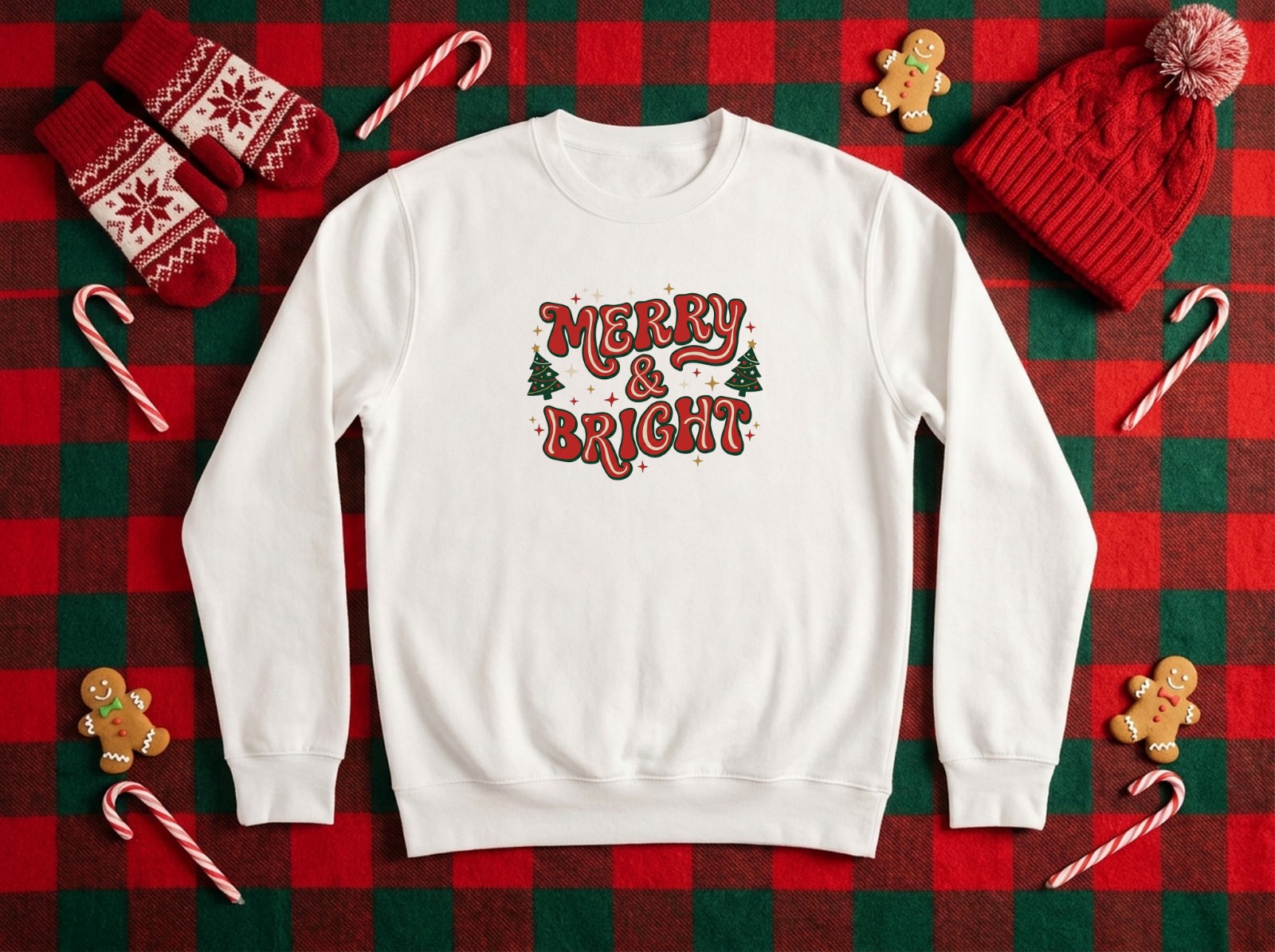 White Sweatshirt Christmas Flat Lay on Buffalo Plaid with Knit Mittens showing a retro Merry & Bright design