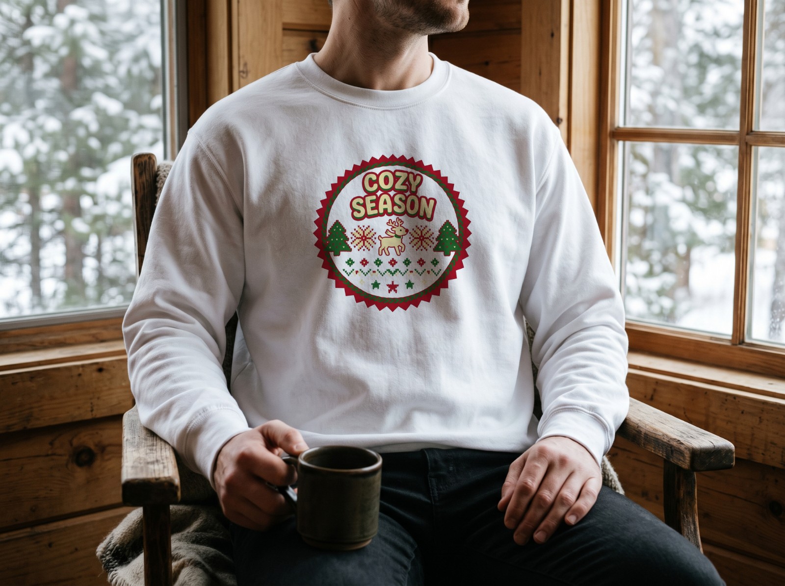 White Sweatshirt on a Man in a Snowy Cabin showing a Cozy Season badge
