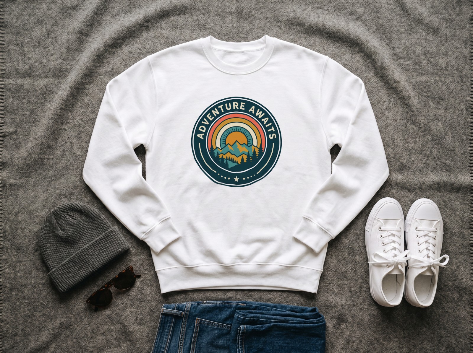 White Sweatshirt Outfit Flat Lay Mockup with Jeans and Sneakers example