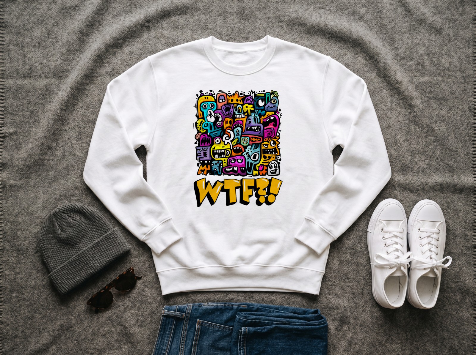 White Sweatshirt Outfit Flat Lay with Jeans and Sneakers showing the WTF monster doodles