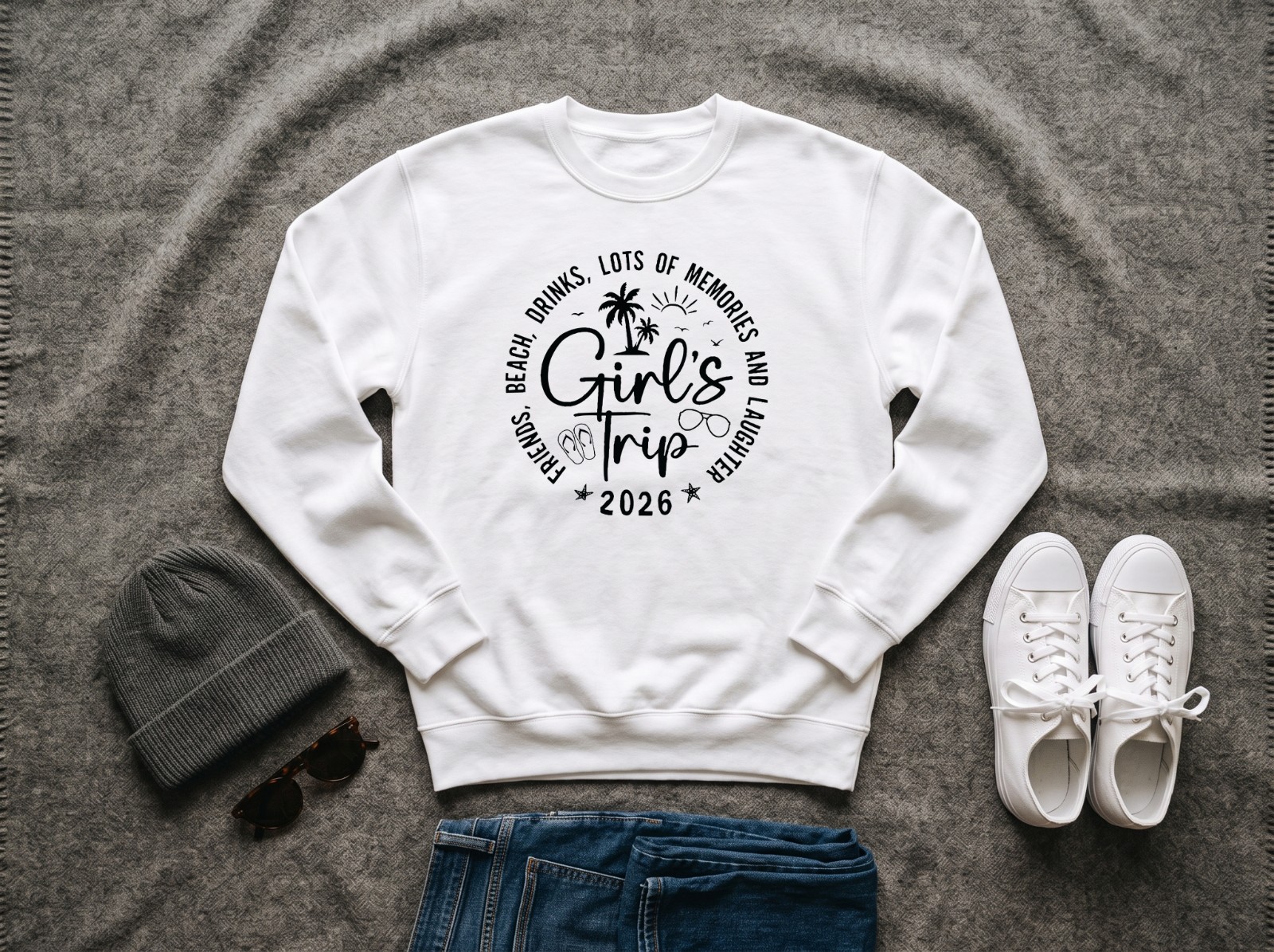 White Sweatshirt Outfit Flat Lay with Jeans and Sneakers showing the Girl's Trip 2026 design