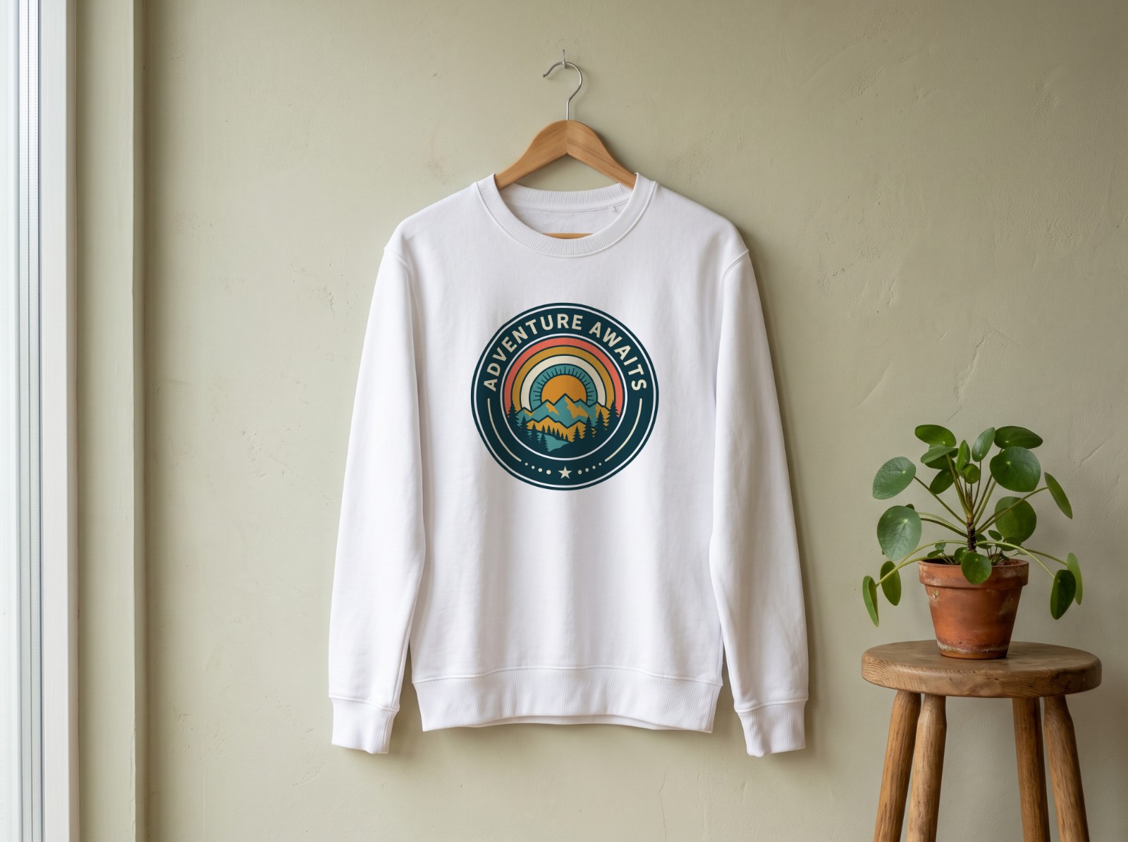 White Sweatshirt on a Wooden Hanger showing the Adventure Awaits badge