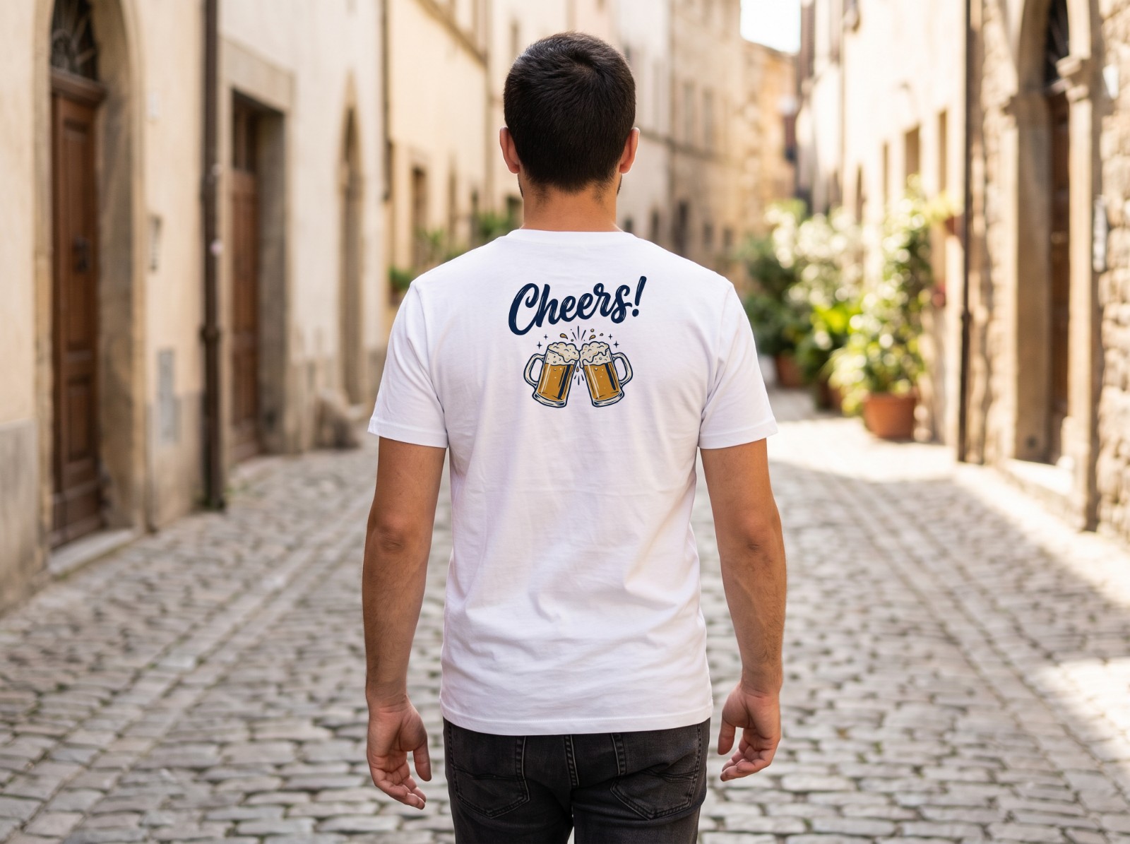 White T-Shirt Back on a Man Walking down a Cobblestone Street showing a Cheers lettering design
