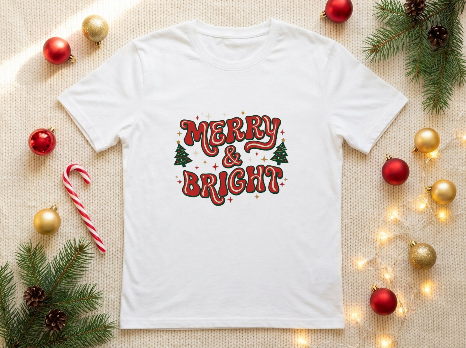White T-Shirt Christmas Mockup Flat Lay on a Knit Blanket with Baubles example