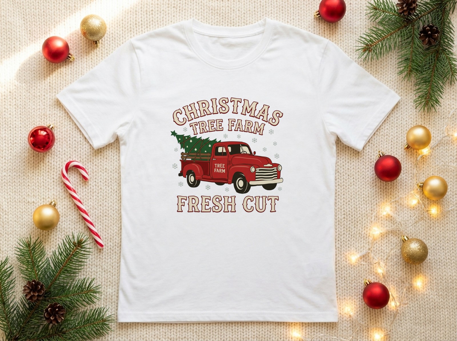 White T-Shirt Christmas Flat Lay on a Knit Blanket with Baubles showing a vintage Christmas tree farm truck design