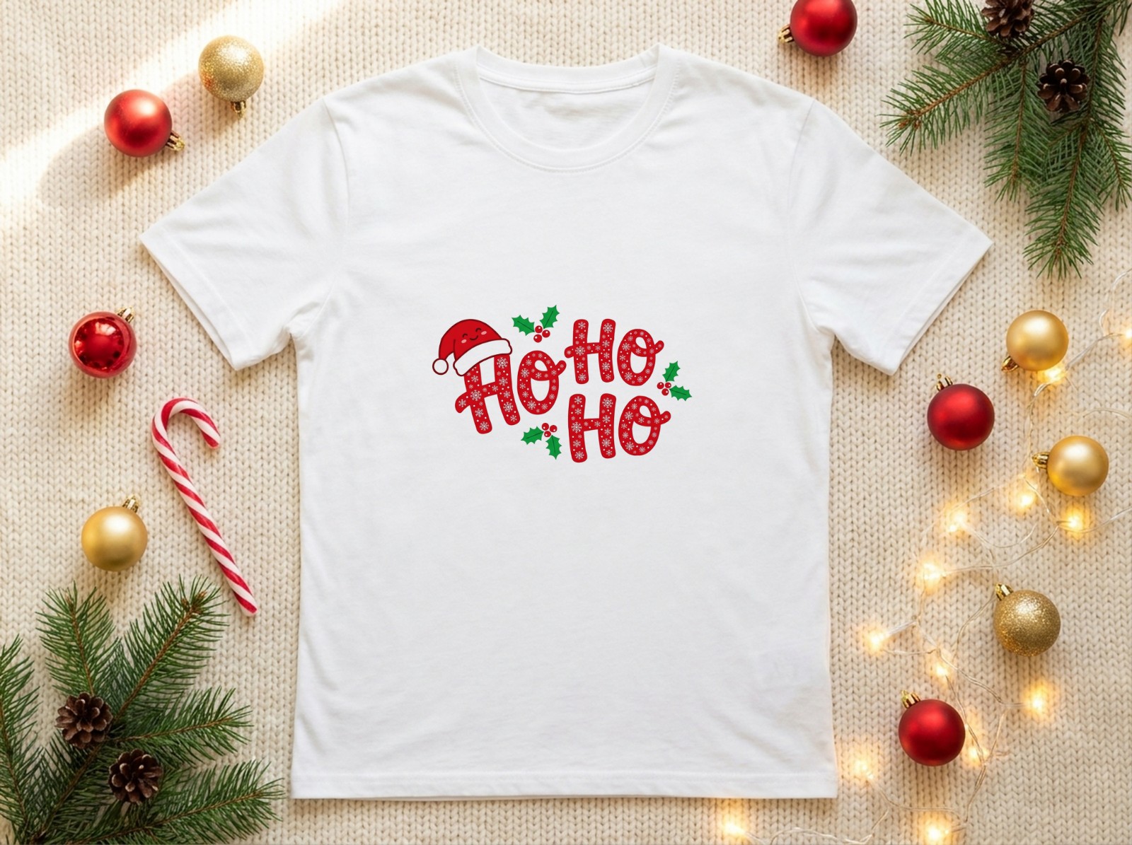 White T-Shirt Christmas Flat Lay on a Knit Blanket with Baubles showing a playful Ho Ho Ho design