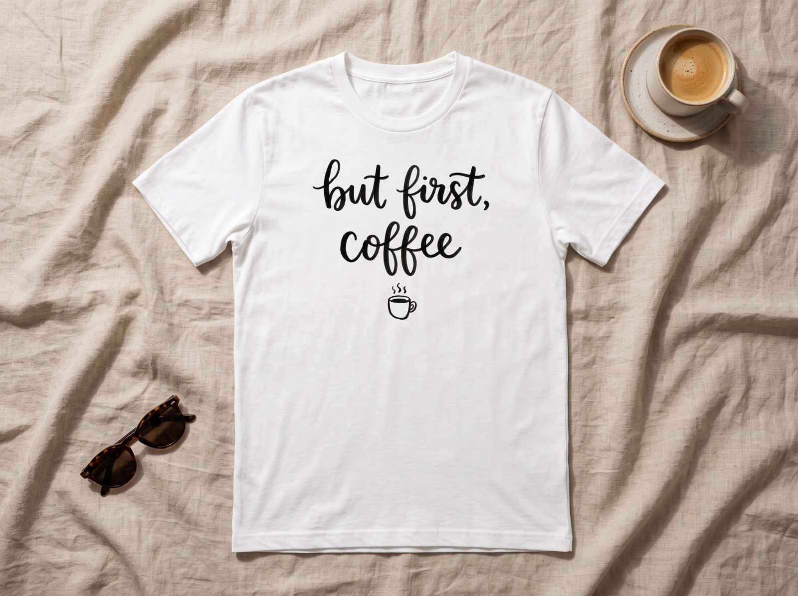 White T-Shirt Mockup Flat Lay on Beige Linen with Coffee example