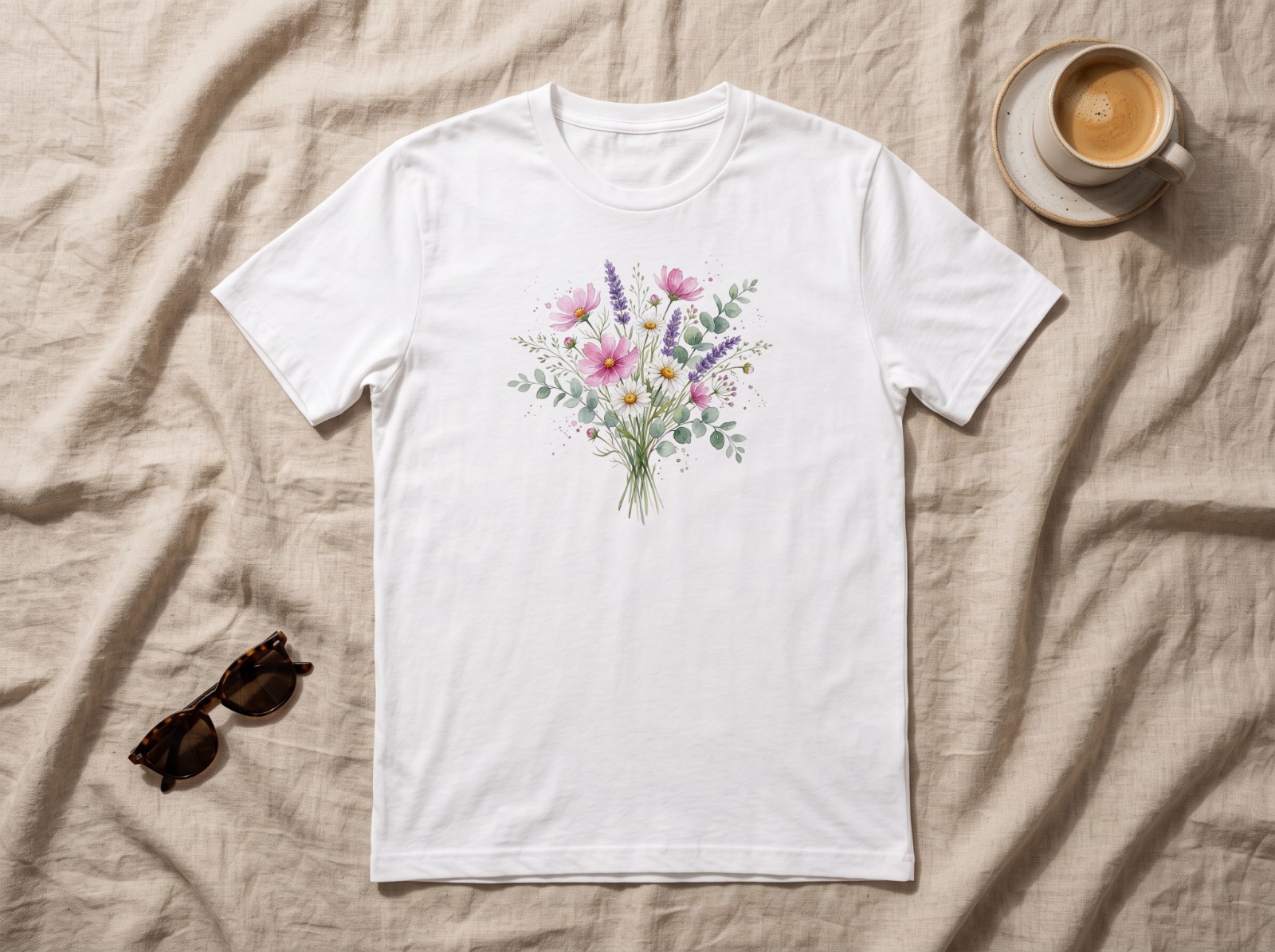 White T-Shirt Flat Lay on Beige Linen with Coffee showing a watercolour wildflower bouquet