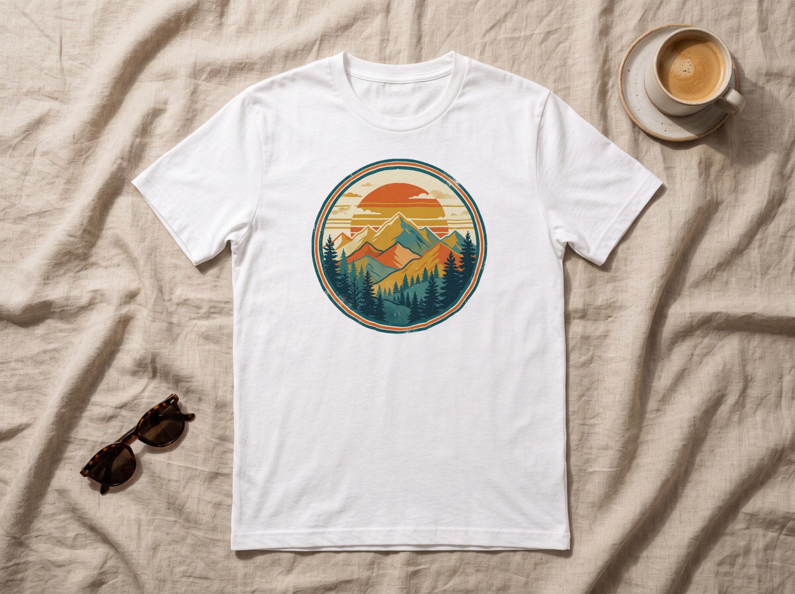 White T-Shirt Flat Lay on Beige Linen with Coffee showing a retro mountain sunset badge