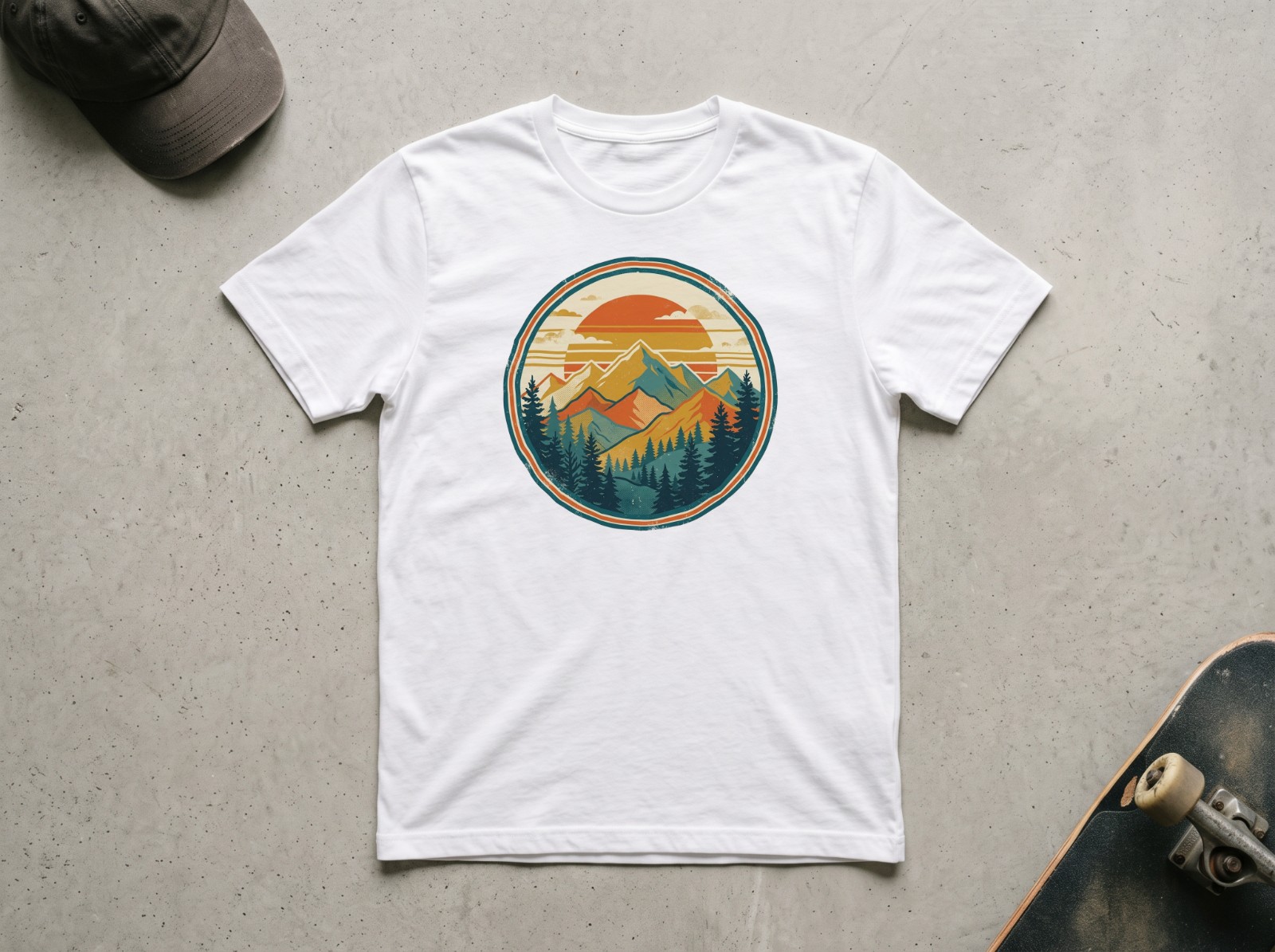 White T-Shirt Mockup Flat Lay on Concrete with a Skateboard example