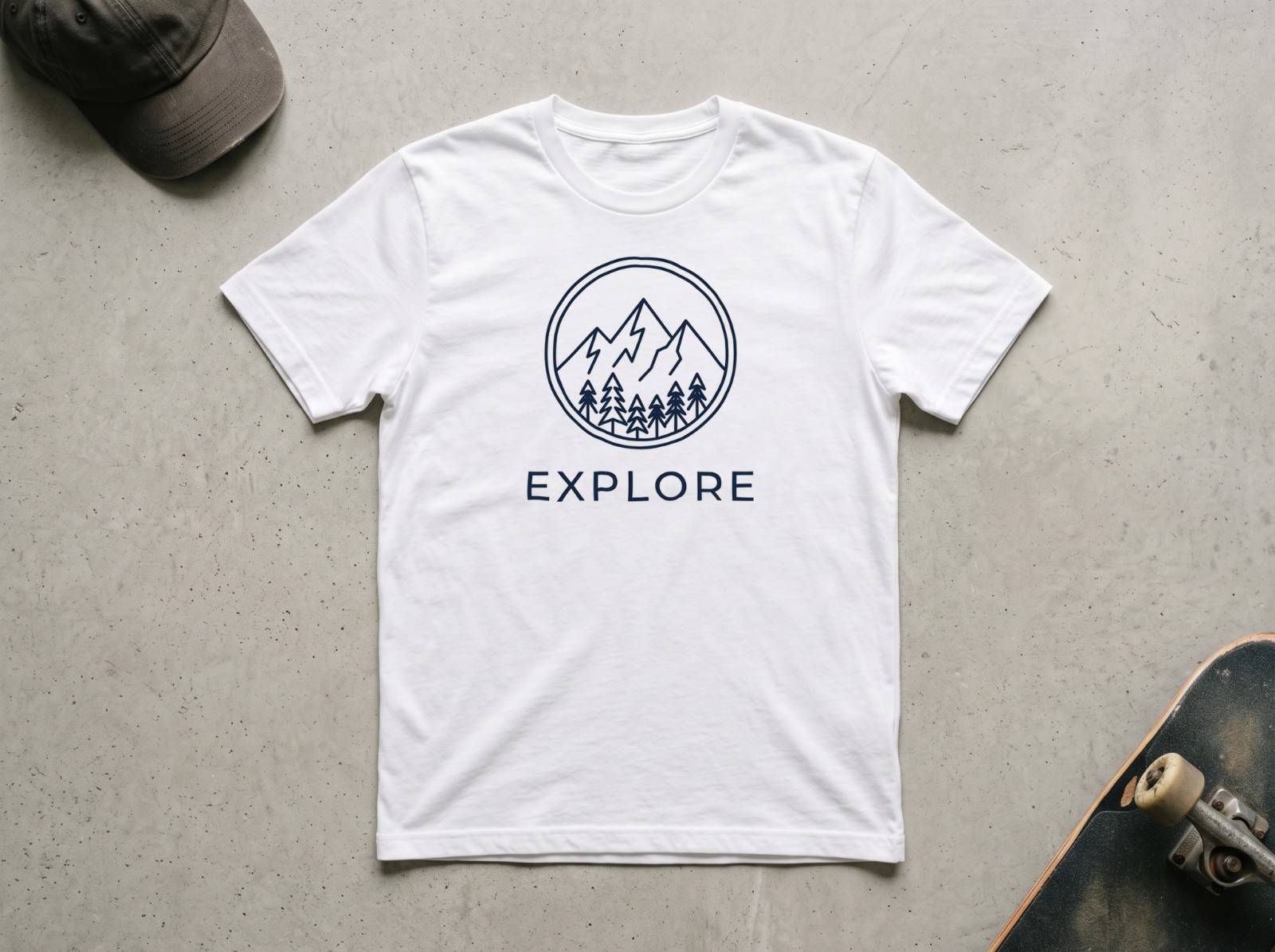White T-Shirt Flat Lay on Concrete with a Skateboard showing an Explore mountain emblem