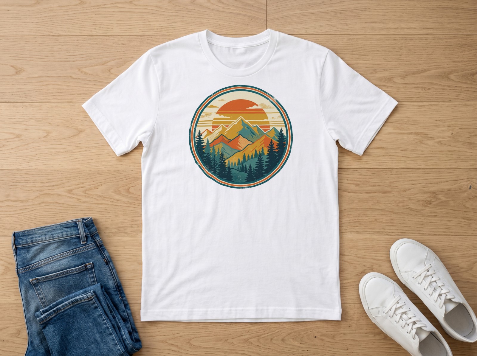 White T-Shirt Mockup Flat Lay with Jeans and Sneakers example