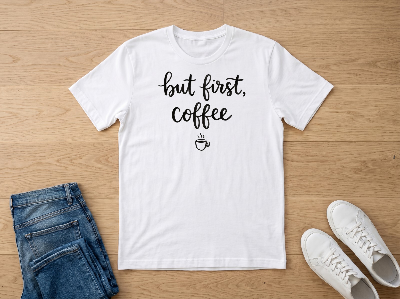 White T-Shirt Flat Lay with Jeans and Sneakers showing a But First Coffee lettering design