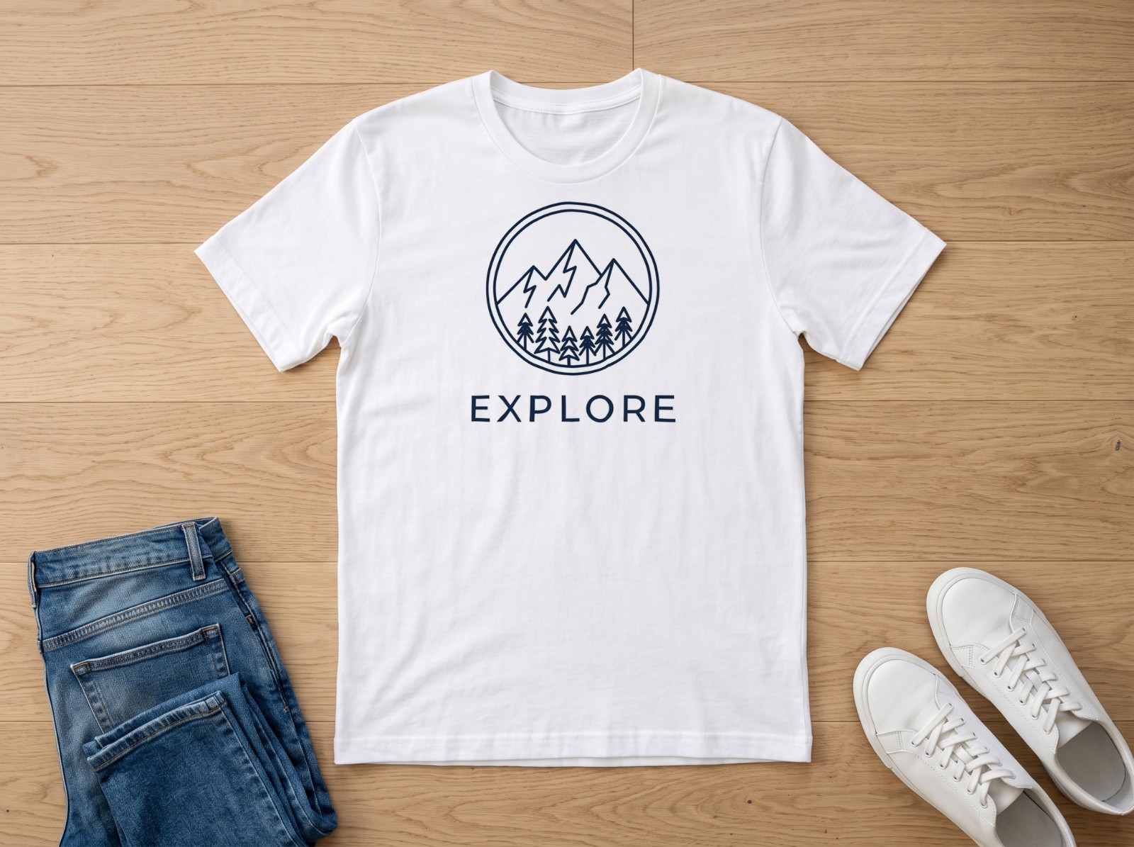 White T-Shirt Flat Lay with Jeans and Sneakers showing an Explore mountain emblem
