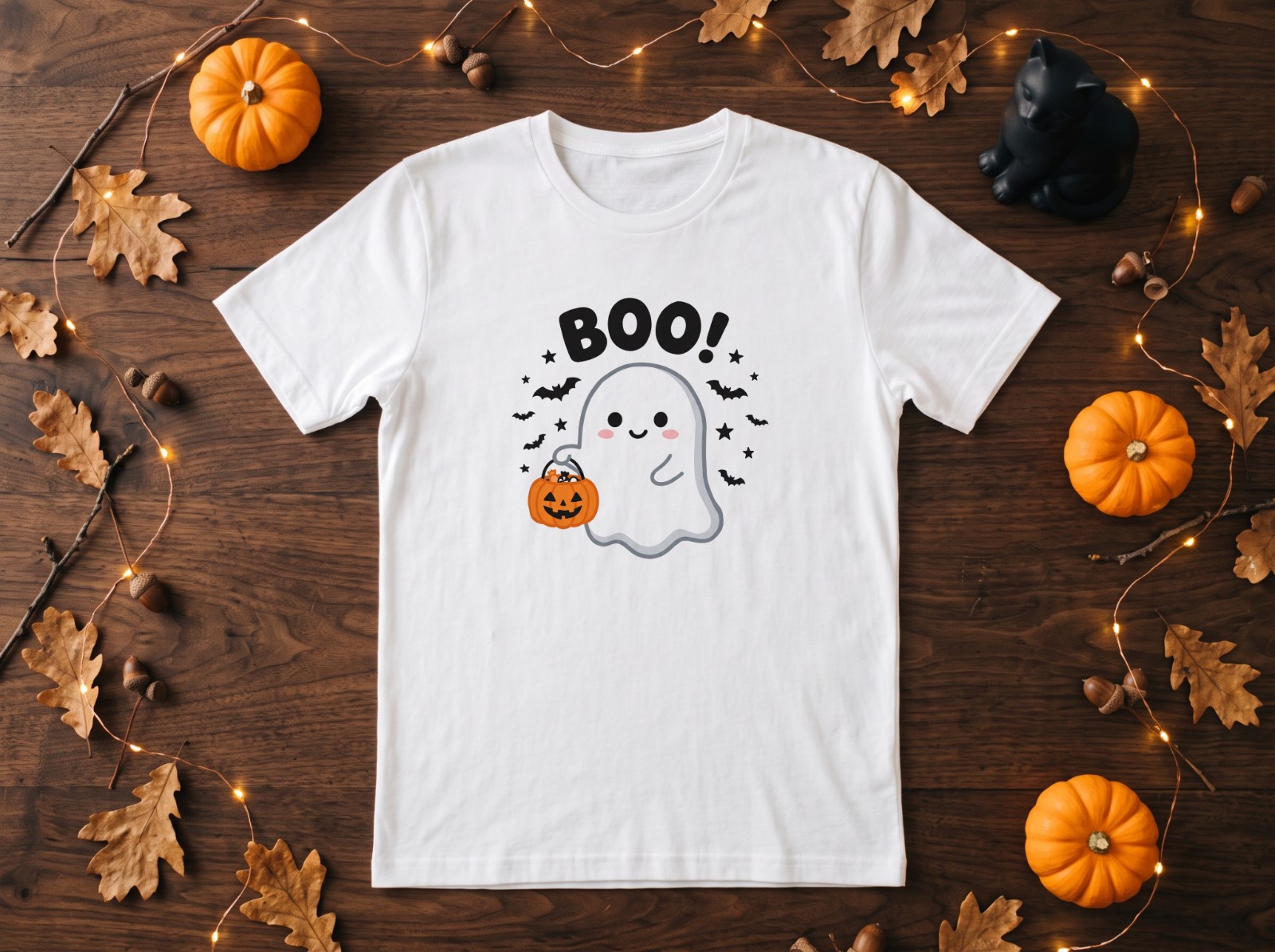 White T-Shirt Halloween Flat Lay with Black Cat and Pumpkins showing a cute Boo ghost design