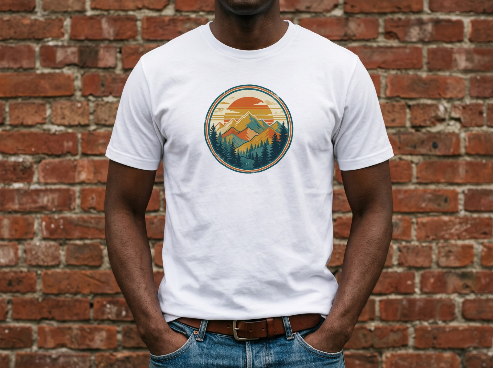 White T-Shirt Mockup on a Man against a Red Brick Wall example