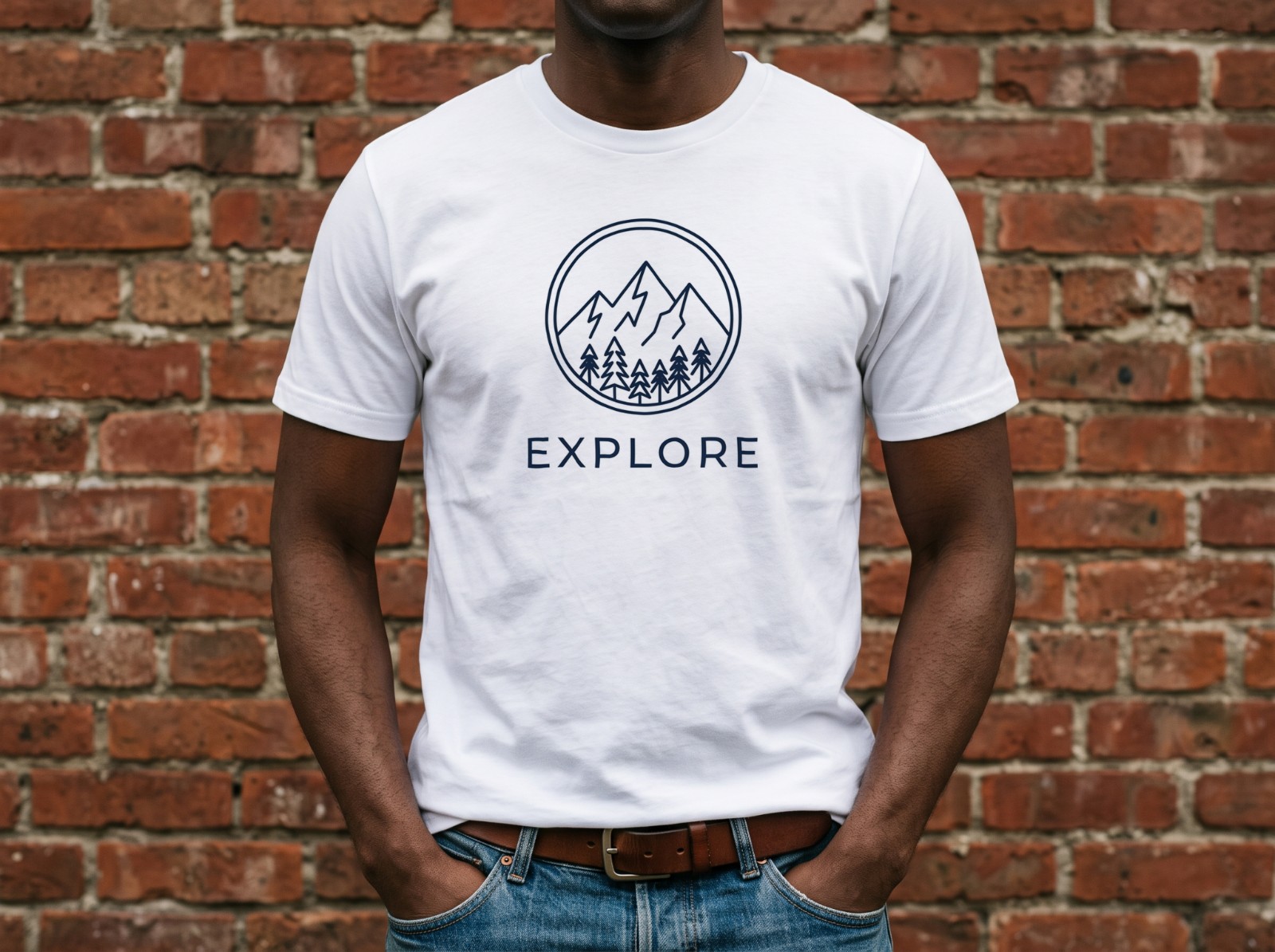 White T-Shirt on a Man against a Red Brick Wall showing an Explore mountain emblem