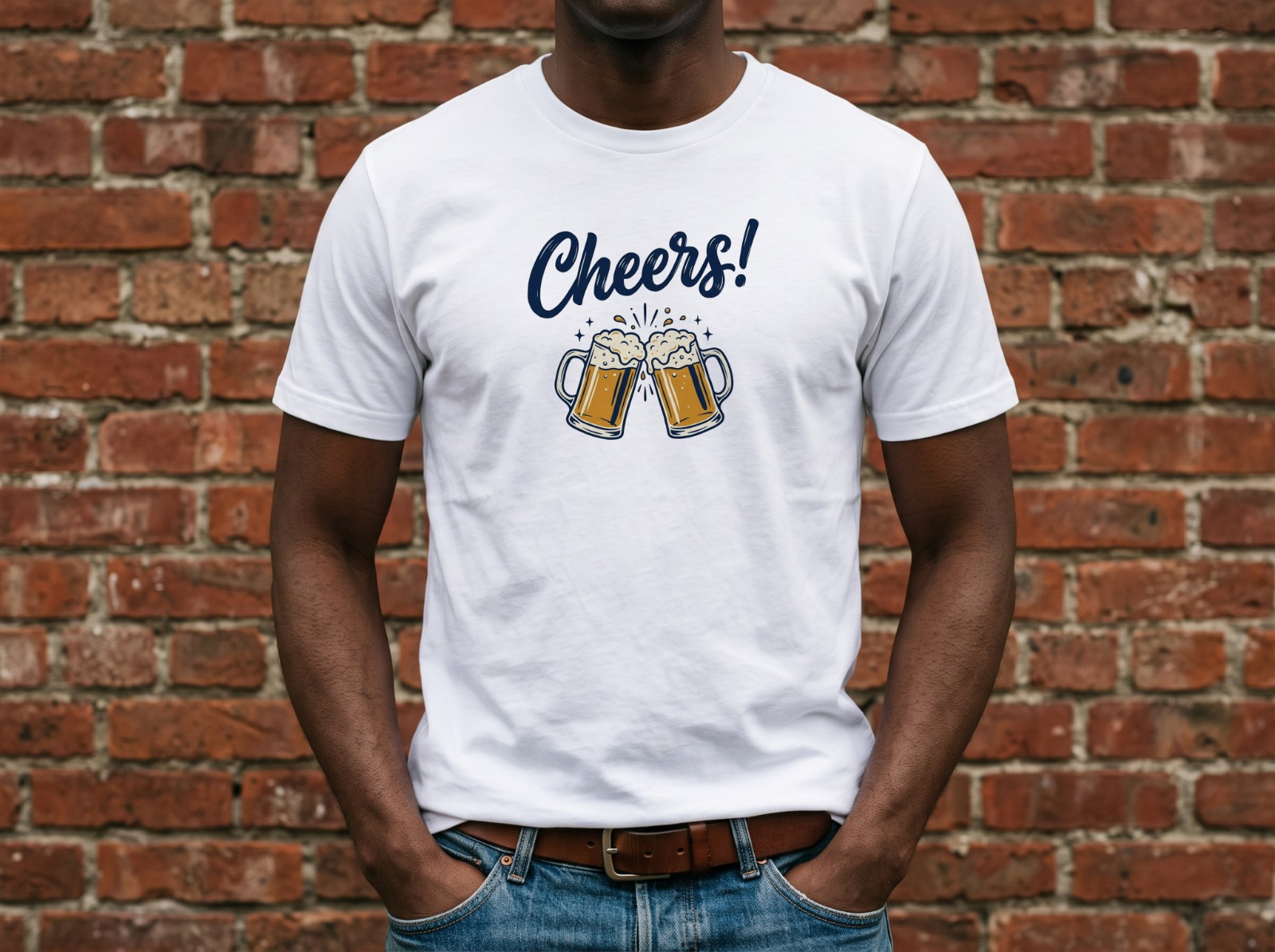 White T-Shirt on a Man against a Red Brick Wall showing a Cheers lettering design
