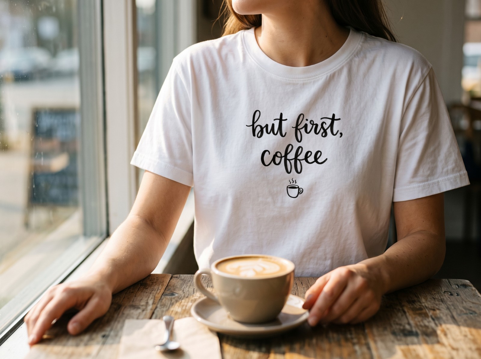 White T-Shirt Mockup on a Woman at a Cafe Window with a Latte example