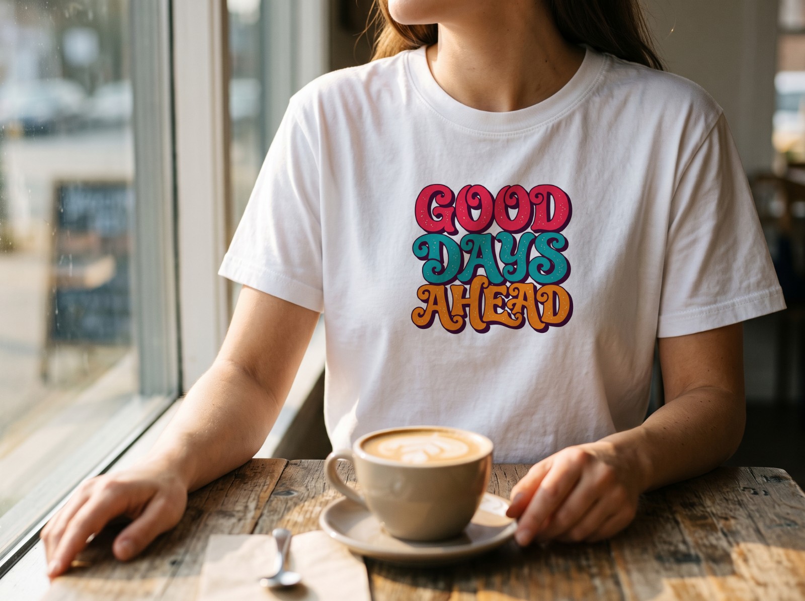 White T-Shirt on a Woman at a Cafe Window with a Latte showing a retro Good Days Ahead lettering