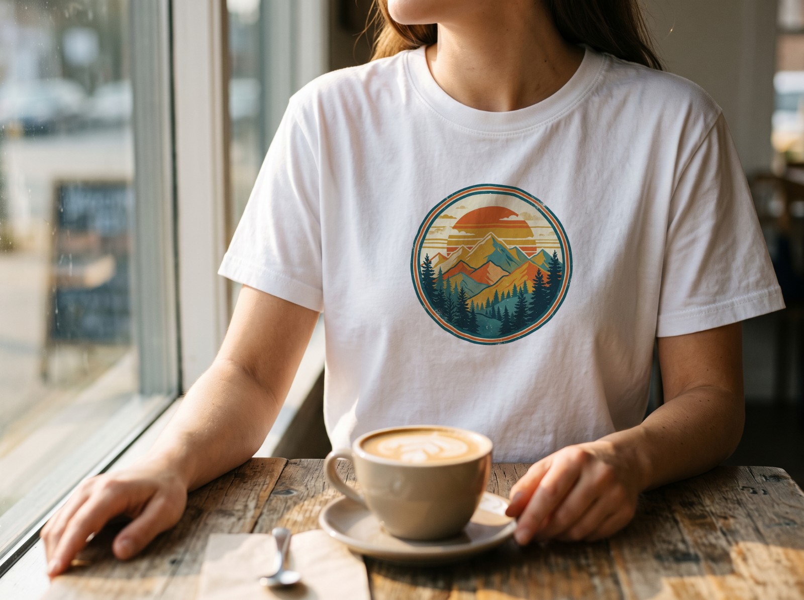 White T-Shirt on a Woman at a Cafe Window with a Latte showing a retro mountain sunset badge