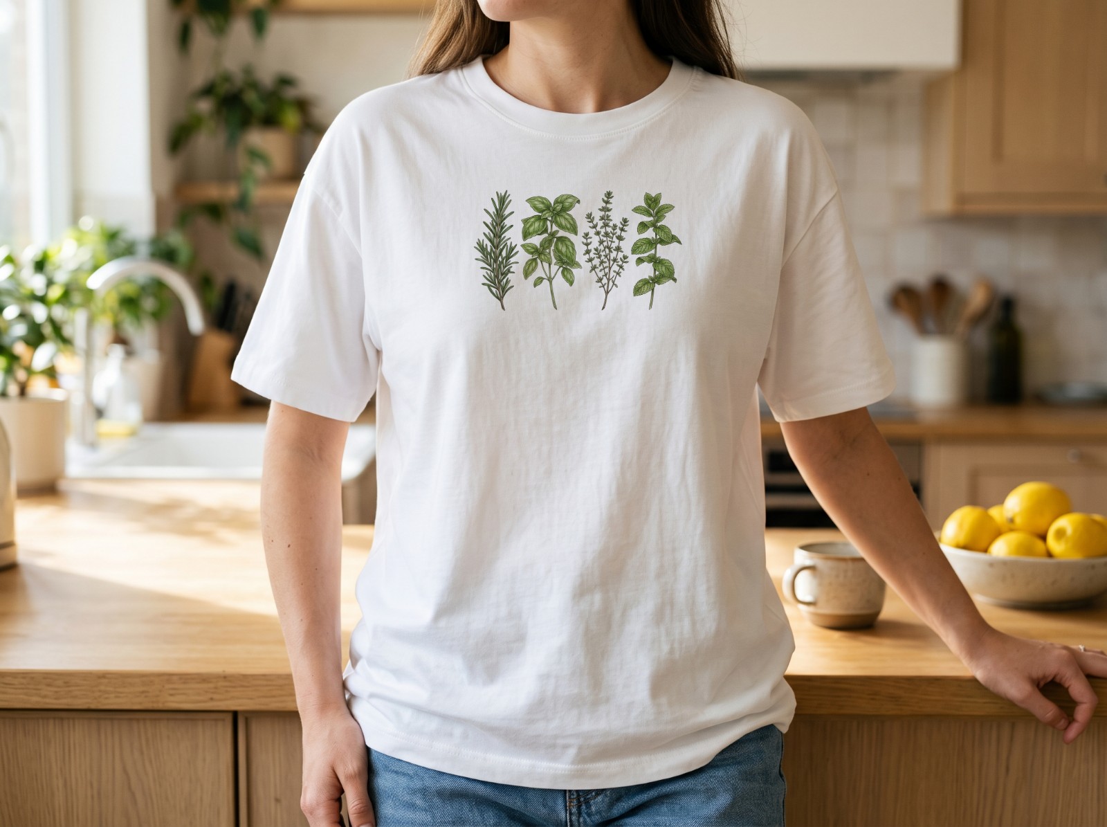 White T-Shirt Mockup on a Woman in a Bright Oak Kitchen example