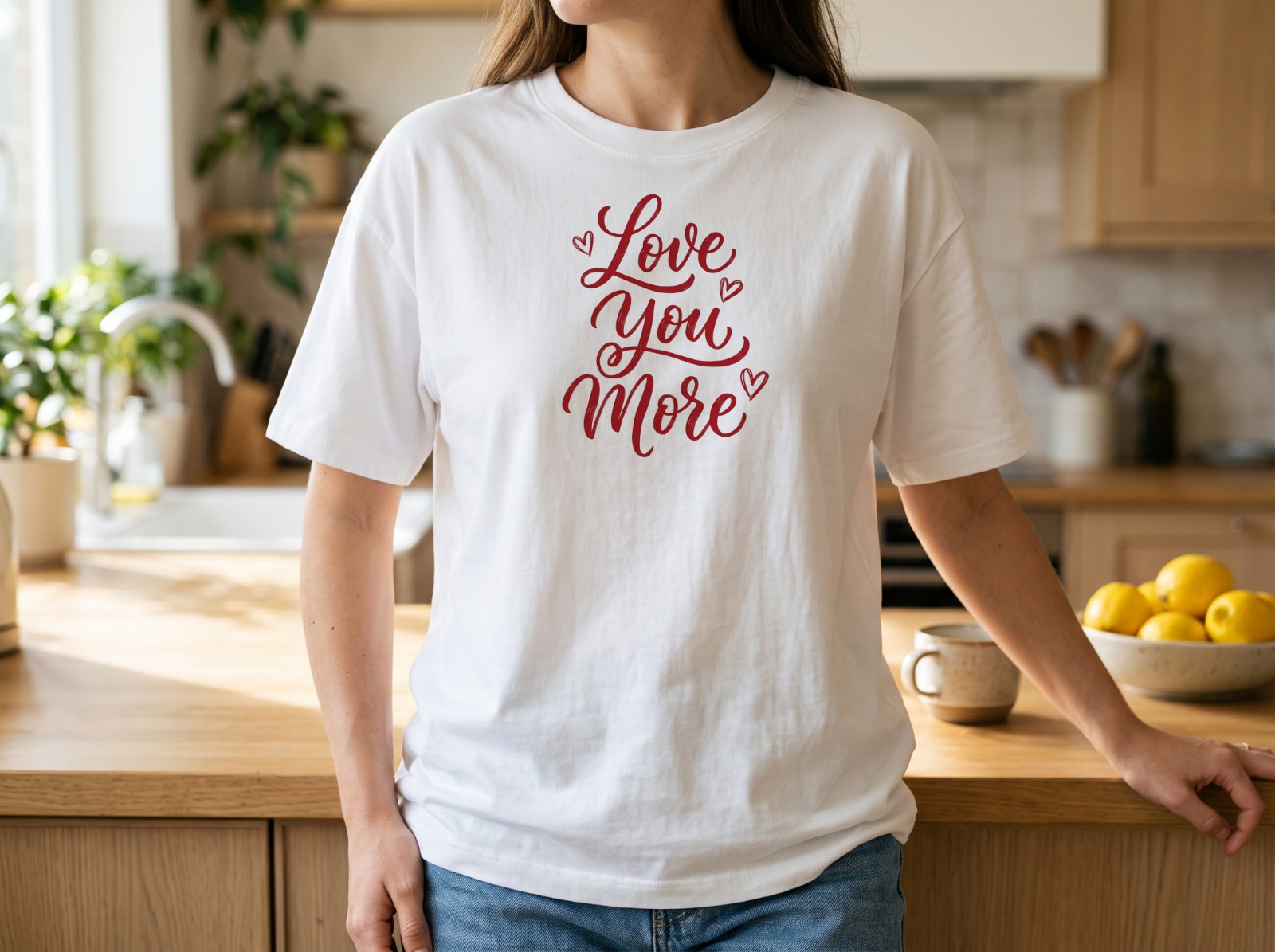 White T-Shirt on a Woman in a Bright Oak Kitchen showing a Love You More lettering