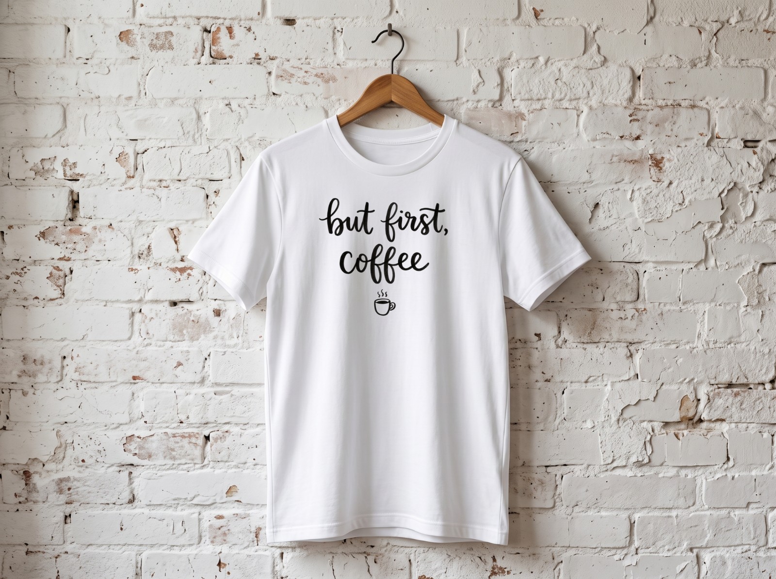 White T-Shirt Mockup on a Wooden Hanger against White Brick example