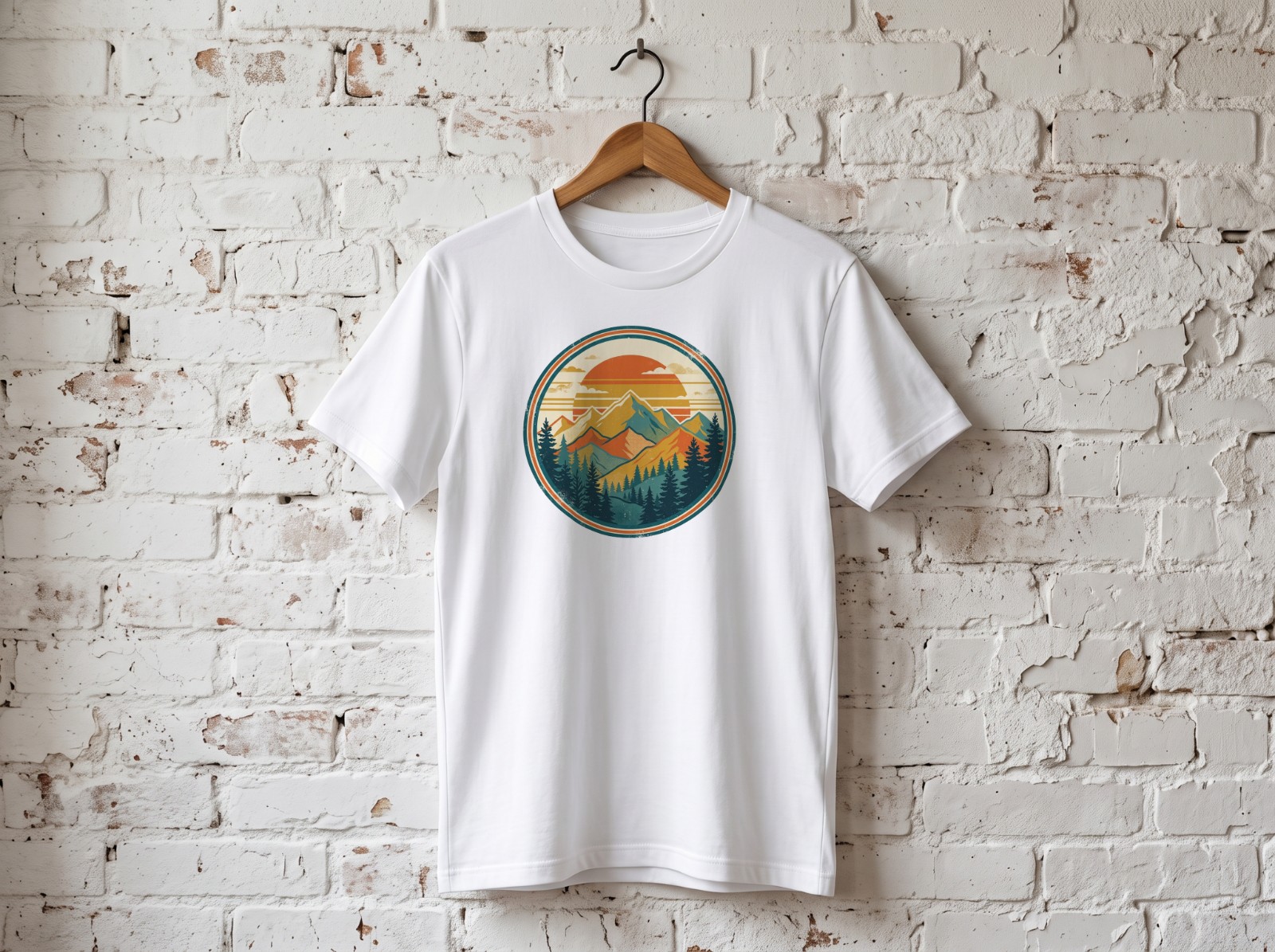 White T-Shirt on a Wooden Hanger against White Brick showing a retro mountain sunset badge