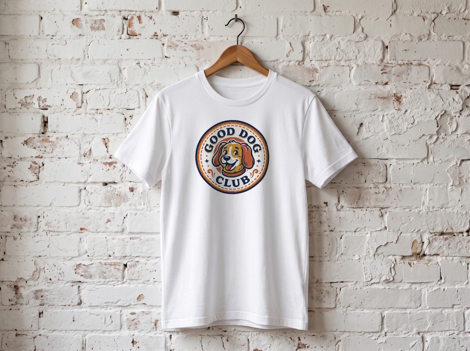 White T-Shirt on a Wooden Hanger against White Brick showing a Good Dog Club badge