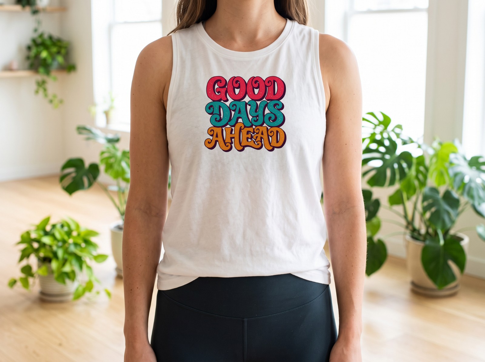 White Tank Top Mockup on a Woman in a Bright Yoga Studio example