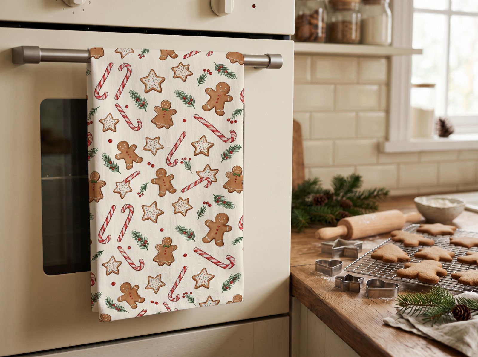 White Tea Towel Christmas Mockup on an Oven with Gingerbread Cookies example