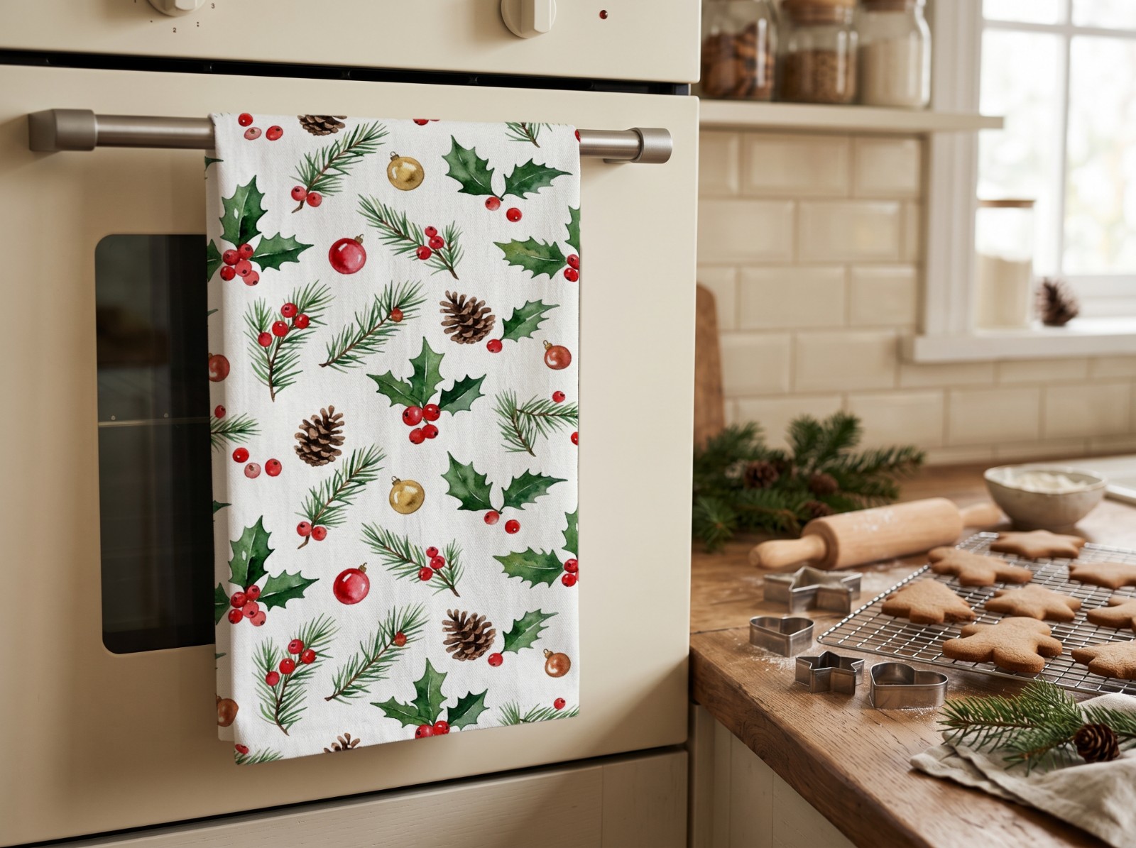 White Tea Towel Christmas on an Oven with Gingerbread Cookies showing a watercolour holly and pine pattern