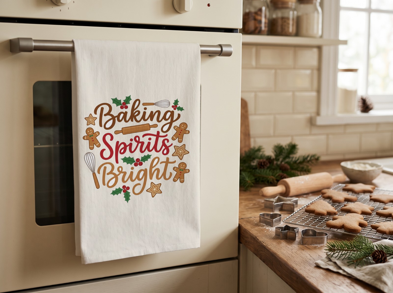 White Tea Towel Christmas on an Oven with Gingerbread Cookies showing a Baking Spirits Bright design