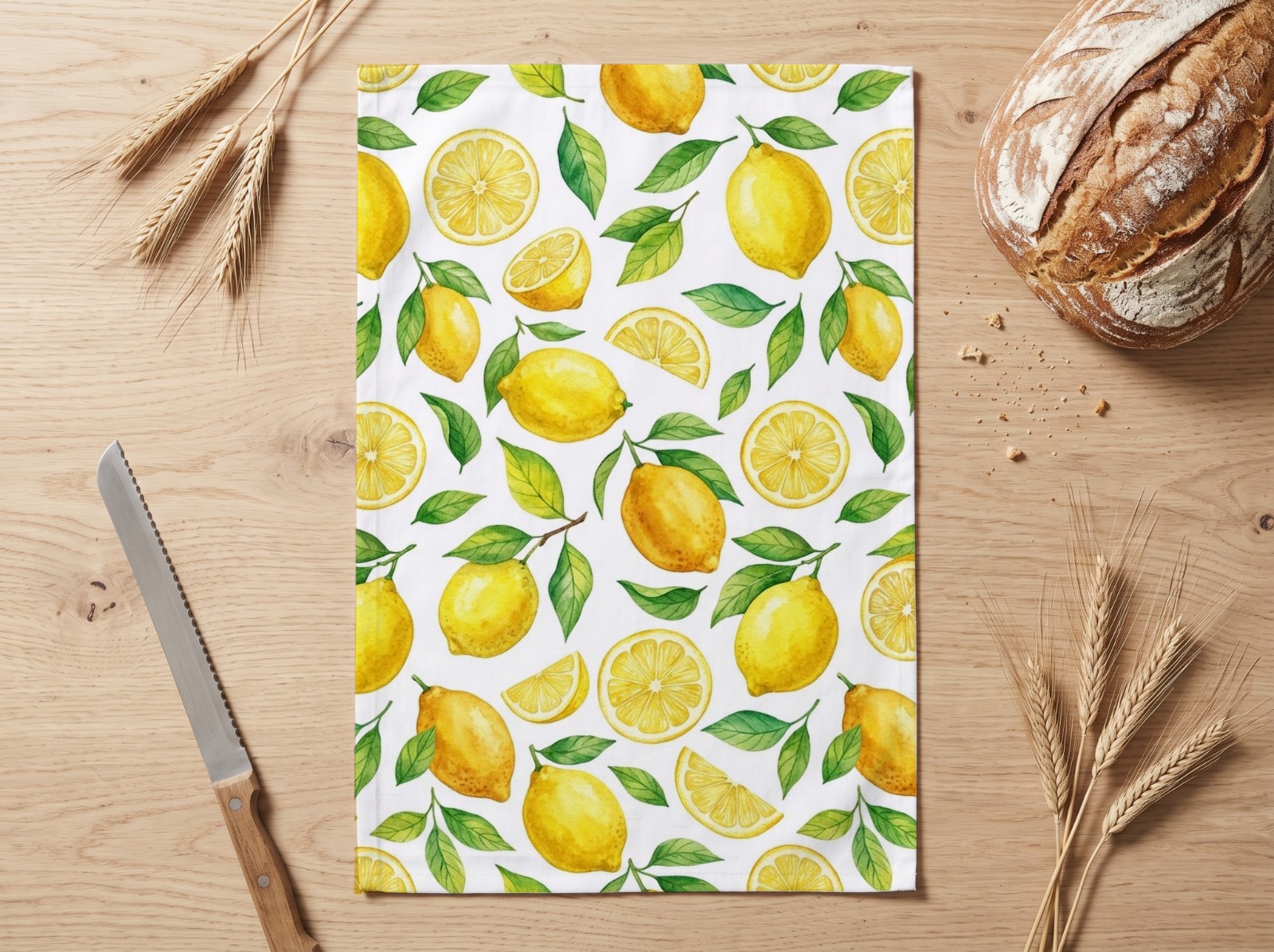 White Tea Towel Mockup Flat Lay with Sourdough and Wheat example