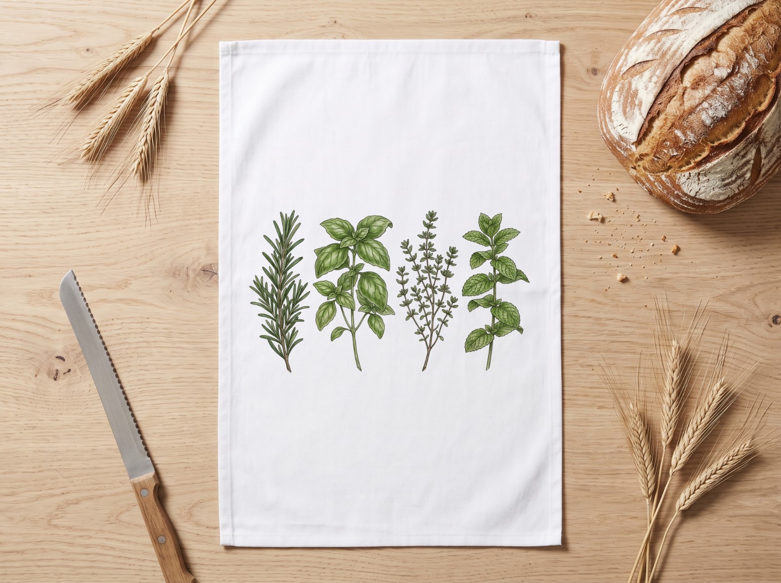 White Tea Towel Flat Lay with Sourdough and Wheat showing a kitchen herbs illustration