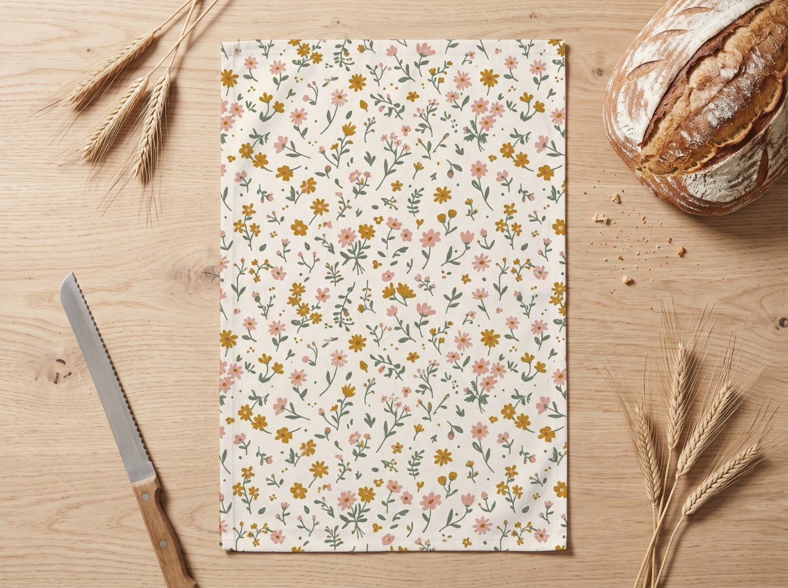 White Tea Towel Flat Lay with Sourdough and Wheat showing a ditsy wildflower pattern