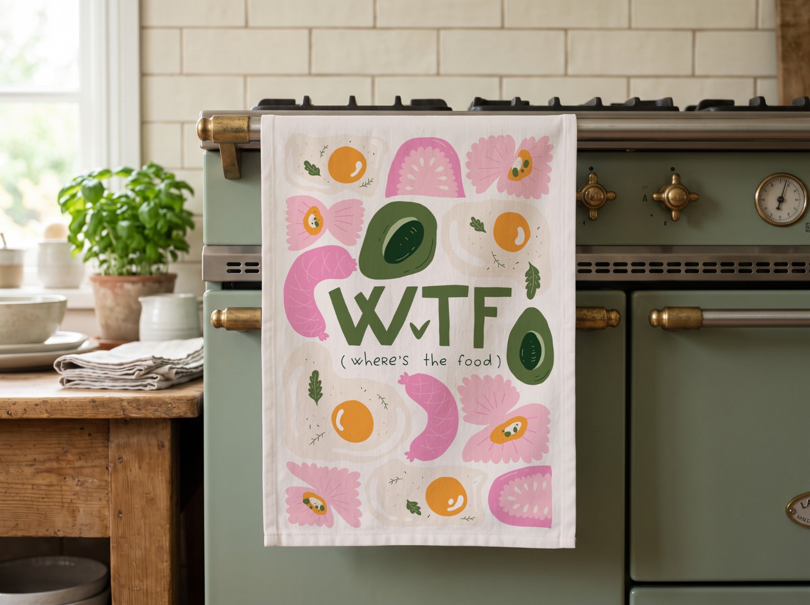 White Tea Towel Mockup on a Sage Green Oven example