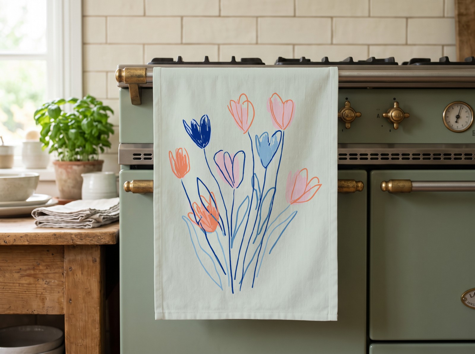 White Tea Towel on a Sage Green Oven showing the hand-drawn Flowers artwork