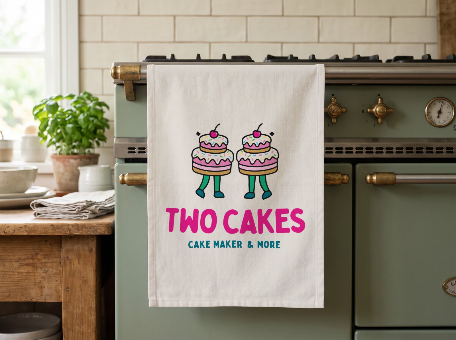 White Tea Towel on a Sage Green Oven showing the Two Cakes logo