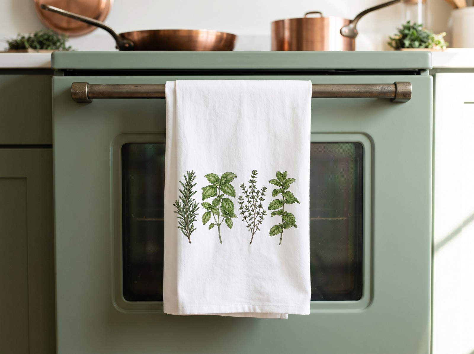 White Tea Towel Mockup Hanging on a Sage Green Oven example