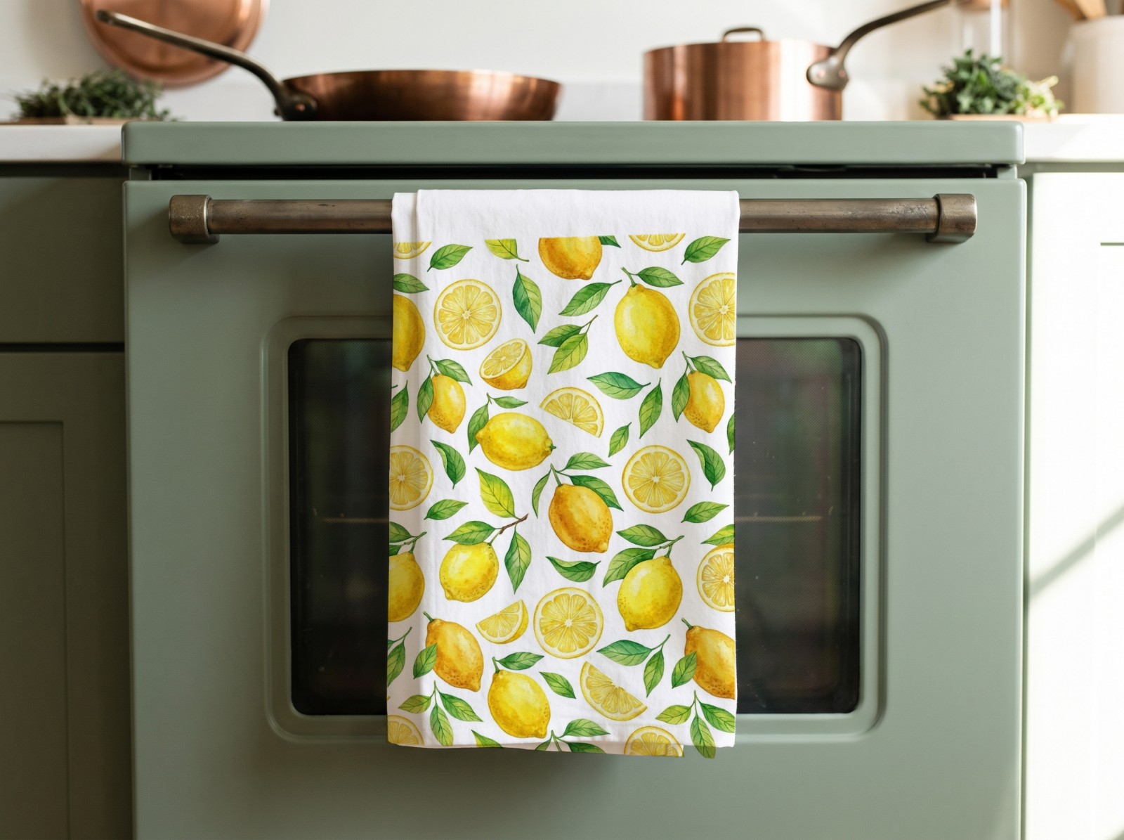 White Tea Towel Hanging on a Sage Green Oven showing a watercolour lemon pattern